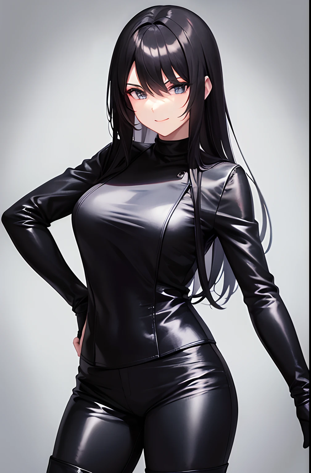 Black thigh boots,long black gloves,black leather clothes,cabelos preto e longos,ssmile,Handsome sister side face,black uniforms,