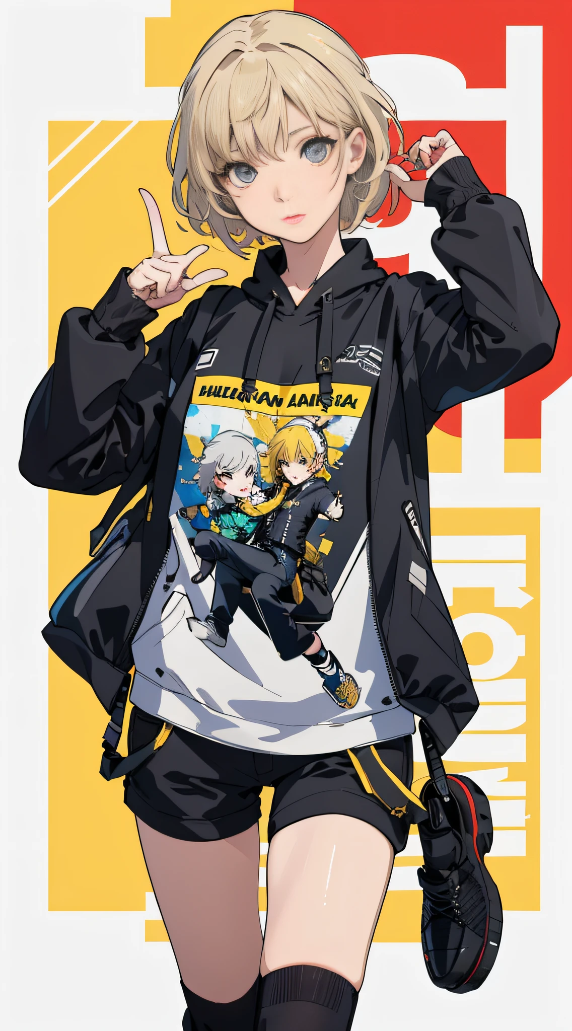 Perfect anatomy Gold balls Shota Joints Naughty shota Boy standing on a colorful board [1:1] Red short hair, unkempt downtown Blue eyes Pupils Large sneakers Big wrinkly wrinkled hoodie Black gold hat worn backwards Golden ratio Dance Bouncing hair Youth Baggy wrinkled pants, sweat, water splashes, ice cream