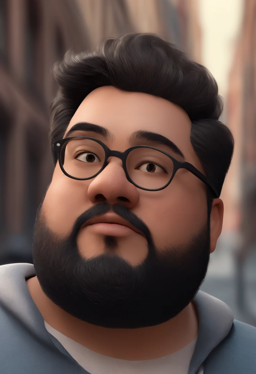 Create an image of a 36-year-old man, wearing rectangular glasses and a beard, light brown skin, straight black hair, a little overweight, fat. The image style should be Disney Pixar 3D. Wandering the city streets, illustartion, detailed character design, dynamism, urban environment, Mixed Media Artworks, colorful, grainy textures, Highly detailed background, impressive lighting, frisky, impressive colors and tones, The Emotional Bond Between Boy and Monster,realism rendering, best quality, 4k resolution, ultra-detailed, professional art, vivid colors, sharp focus, Studio Lightning.