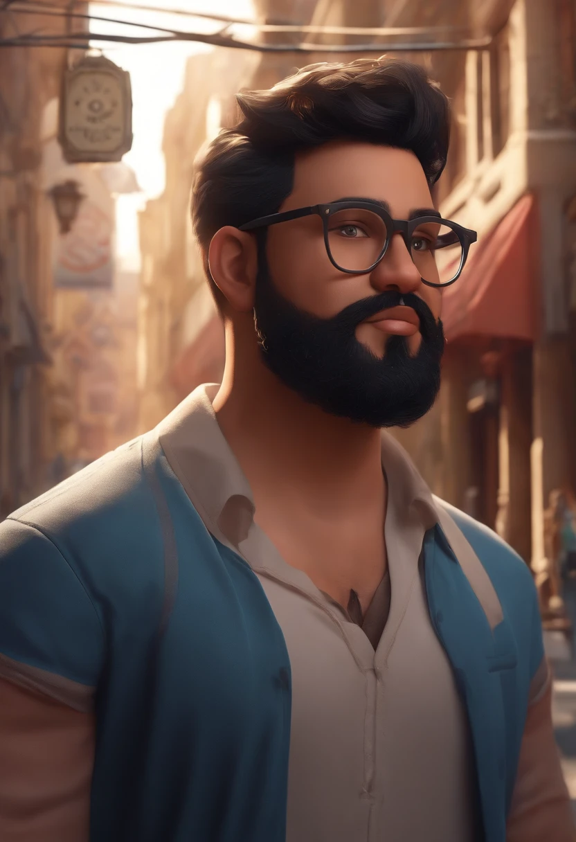 Create an image of a 36-year-old man, wearing rectangular glasses and a beard, light brown skin, straight black hair, a little overweight, fat. The image style should be Disney Pixar 3D. Wandering the city streets, illustartion, detailed character design, dynamism, urban environment, Mixed Media Artworks, colorful, grainy textures, Highly detailed background, impressive lighting, frisky, impressive colors and tones, The Emotional Bond Between Boy and Monster,realism rendering, best quality, 4k resolution, ultra-detailed, professional art, vivid colors, sharp focus, Studio Lightning.