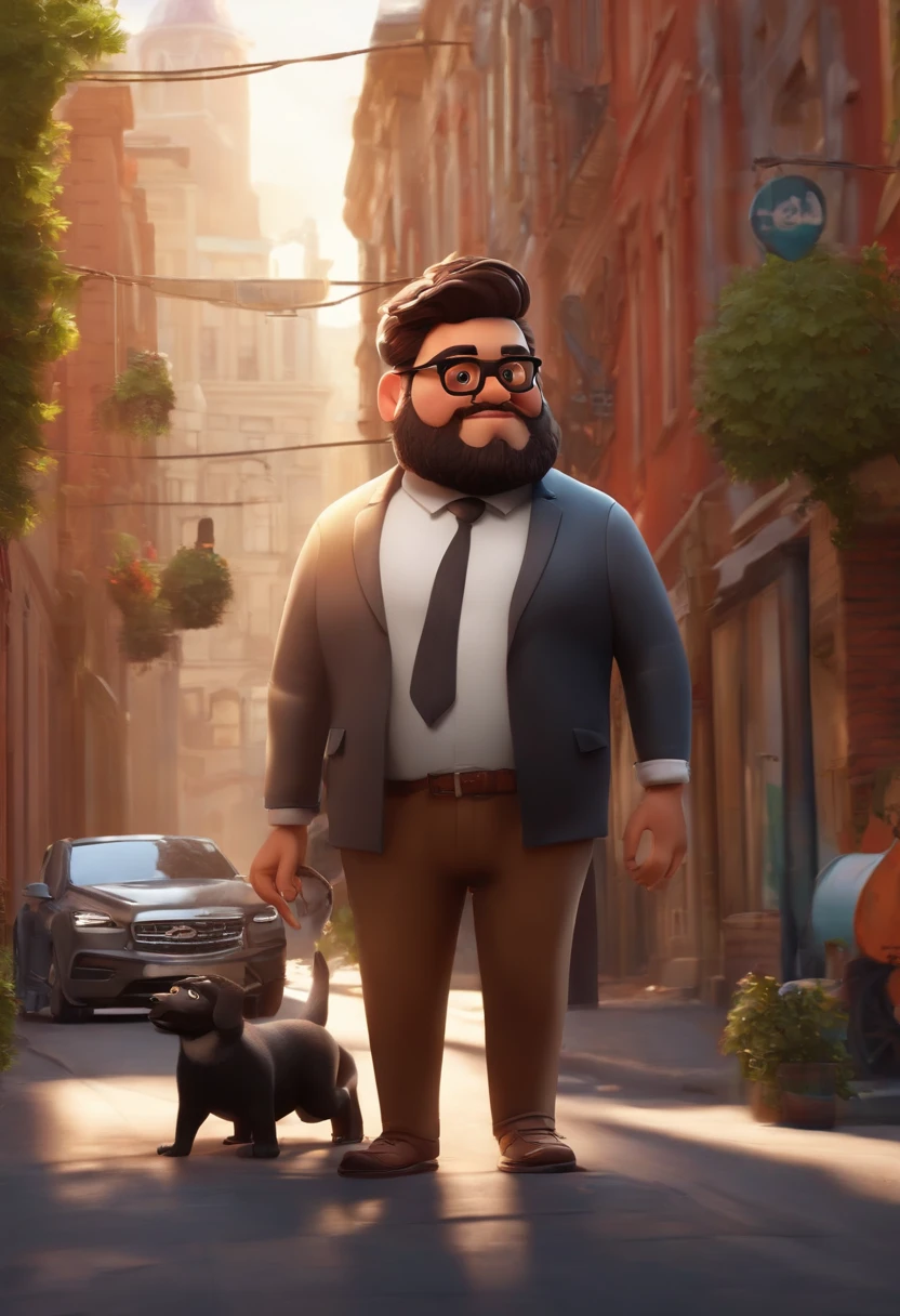 Create an image of a 36-year-old man, wearing rectangular glasses and a beard, light brown skin, straight black hair, a little overweight, fat. The image style should be Disney Pixar 3D. Wandering the city streets, illustartion, detailed character design, dynamism, urban environment, Mixed Media Artworks, colorful, grainy textures, Highly detailed background, impressive lighting, frisky, impressive colors and tones, The Emotional Bond Between Boy and Monster,realism rendering, best quality, 4k resolution, ultra-detailed, professional art, vivid colors, sharp focus, Studio Lightning.