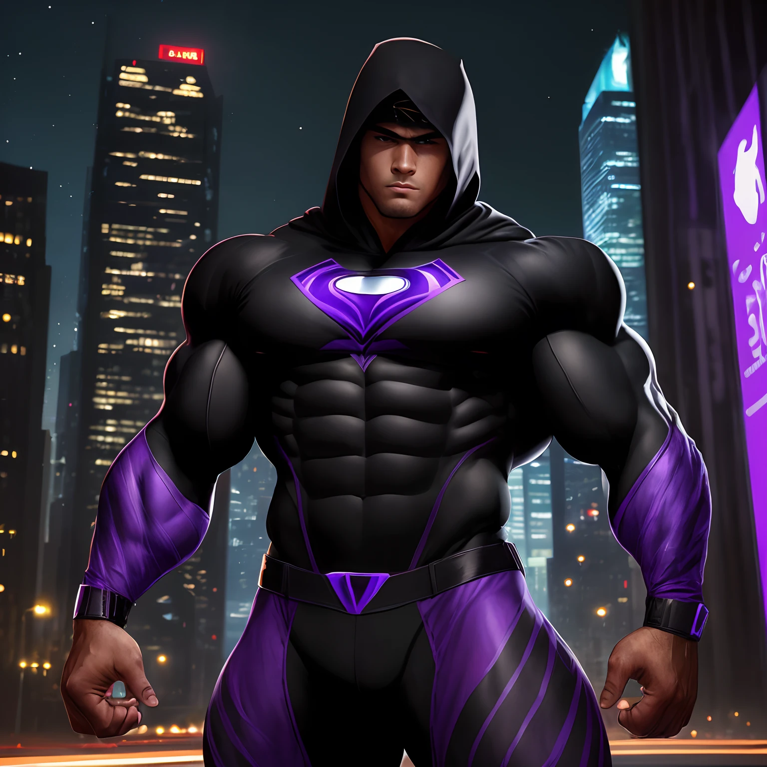 ((Extremely realistic shadows, Masterpiece, extremely detailed, photorealistic)) A teenager at 18 years old (Mexican ethnicity) Carr, muscular thighs, bulging neck. Tanned skin massive muscular bodybuilder, red hair, military haircut, tight clothing, body full of muscles; ripped abs, V-shaped body, thick waist, long legs, strong arms. City background, skyscraper, futuristic city, night, stars, night lights, Superhero, hero, bodysuit, hood, hood on, massive muscles, huge pecs, chiseled ABS, huge pecs, exaggeratedly huge muscles. A young hero whose presence inspires trust and respect. (((His hero suit is black and purple)