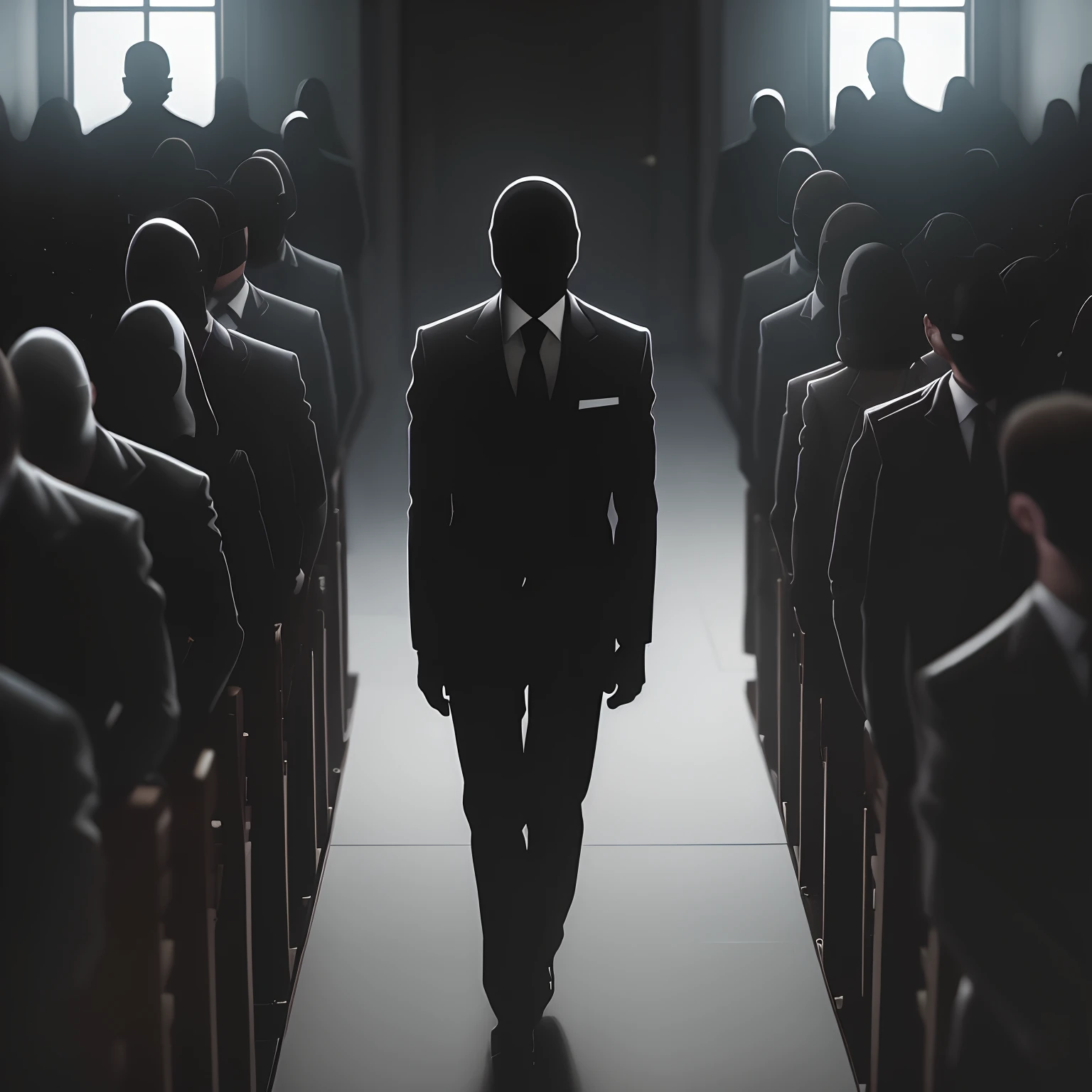 A lot of shadowy figures inside a dark room, secret agents of the government, hundreds of people, secret meeting, no faces shown, anonymous figures, many people