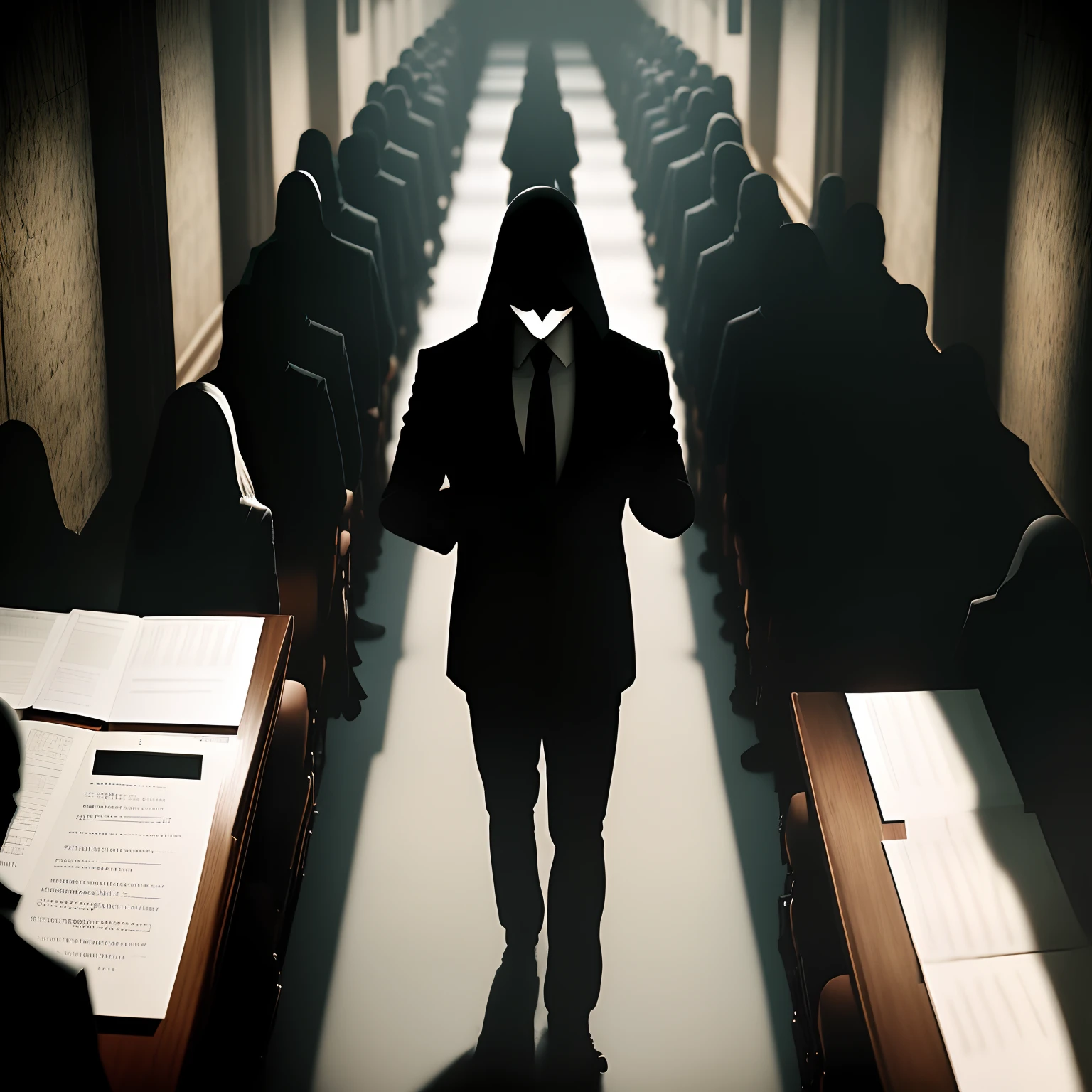 A lot of shadowy figures inside a dark room, secret agents of the government, hundreds of people, secret meeting, no faces shown, anonymous figures, many people