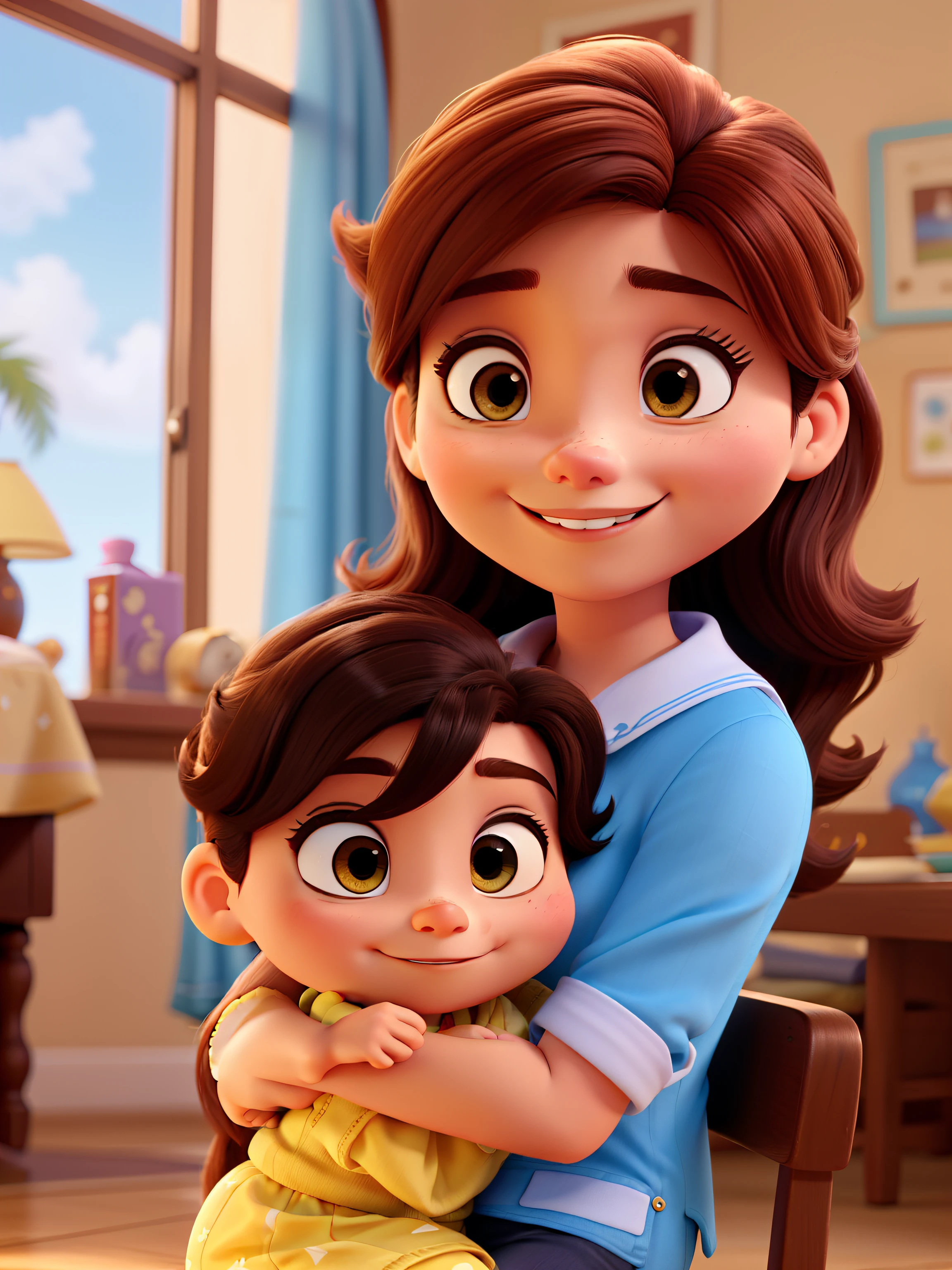 Crie uma imagem tipo Pixar Disney de uma mulher de 31 anos de cor branca, cabelos castanhos, Brown eyes and with a baby on her lap