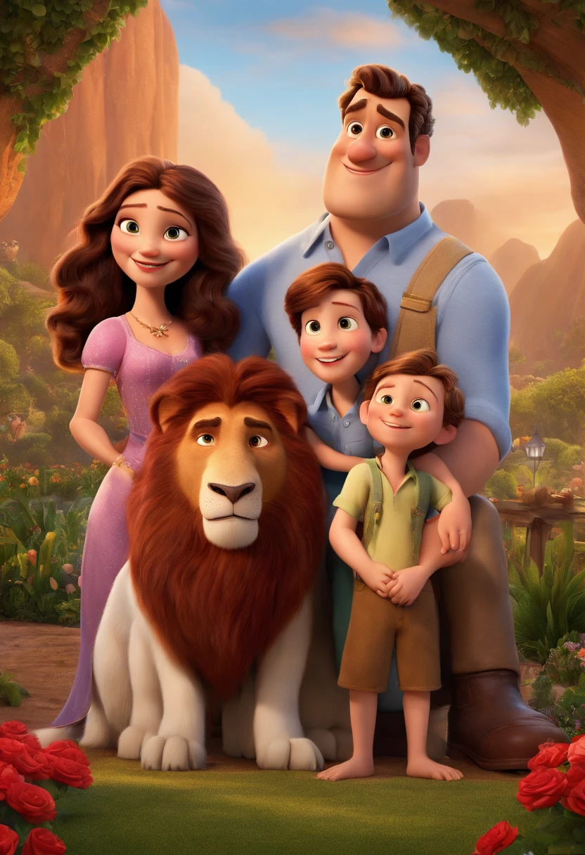 a Disney Pixar movie poster showing a white-skinned family. The father is the tallest, Tem barba curta, loiro, cabelos curtos e espinhosos. The mother has brown eyes and hair, shoulder-length and is slightly overweight. A menina tem 4 anos e cabelos castanhos, roupa rosa e rabos de cavalo. The background is a beach garden. 3D-rendering