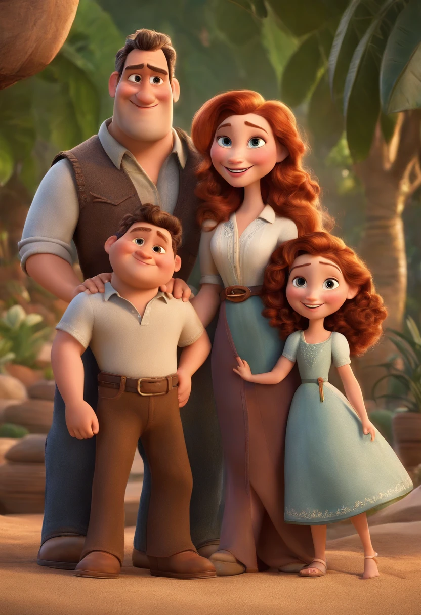 a Disney Pixar movie poster showing a white-skinned family. The father is the tallest, Tem barba curta, loiro, cabelos curtos e espinhosos. The mother has brown eyes and hair, shoulder-length and is slightly overweight. A menina tem 4 anos e cabelos castanhos, roupa rosa e rabos de cavalo. The background is a beach garden. 3D-rendering