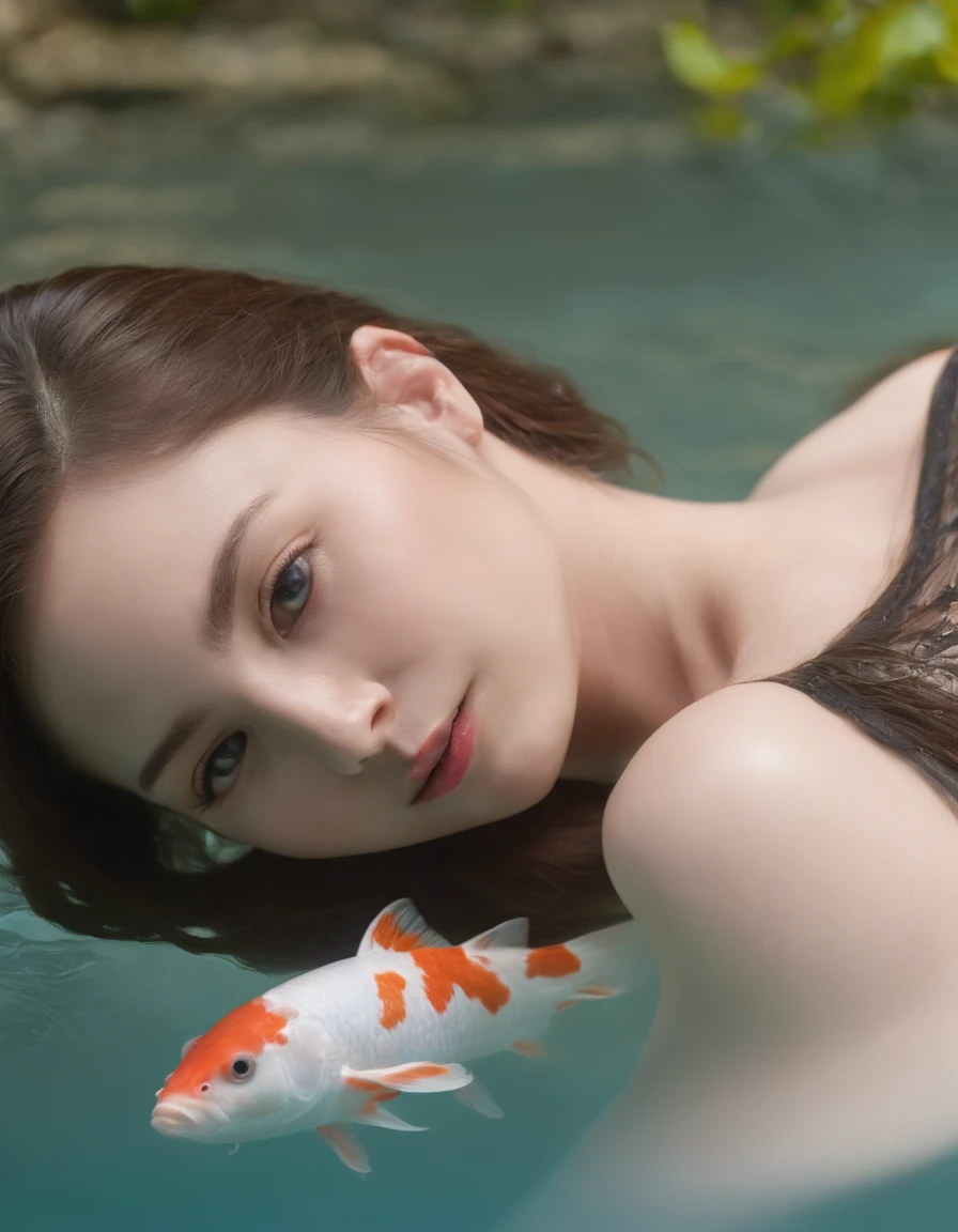 1girll,Floating hair,Eyes with stories,looks into camera,Hair flows in water,Full body like,1 giant koi, Buble,airbubble, Under the water, The sun refracts light, dingdall effect,8K, Super meticulous, Best quality, Masterpiece, Photorealsitic,skin textures