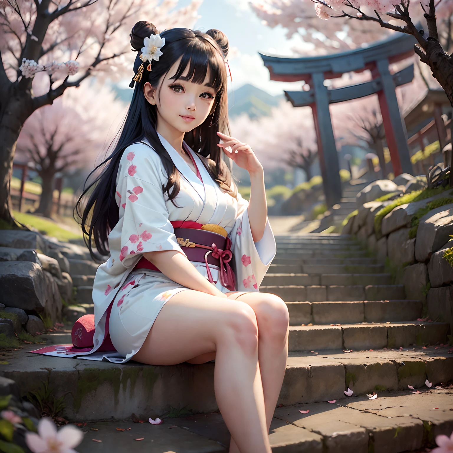 (((masterpiece: 1.5, best quality: 1.2, high resolution, super resolution, ultra detailed: 1.3, rich background: 1.4))), (close up), (1girl), solo, silver eyes, long black hair tied with blue ribbon, hair ornament, blunt bangs, smiling, 26 year old girl, medium chest, ((neckline)), ((thighs)), ((sitting)), Japanese clothes, (white short pattern kimono), sandals, ribbon, obi, ((outdoor)), Cherry blossom, (torii gate), stone staircase, sky (afternoon), cherry tree falling, ((dramatic light: 1.3)), cloudy, (fuji scenery behind)