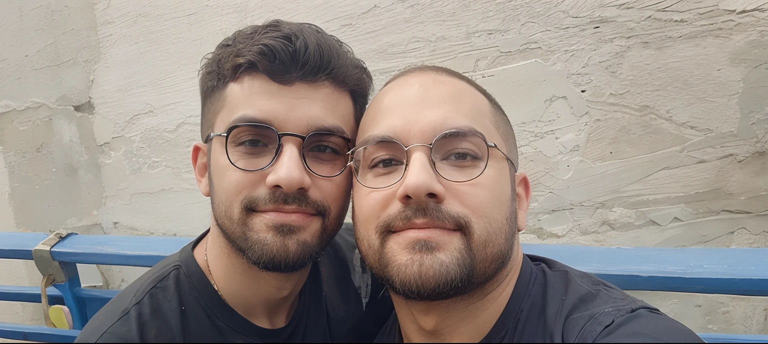 Casal de gay barbudos, bespectacled, camisa preta
