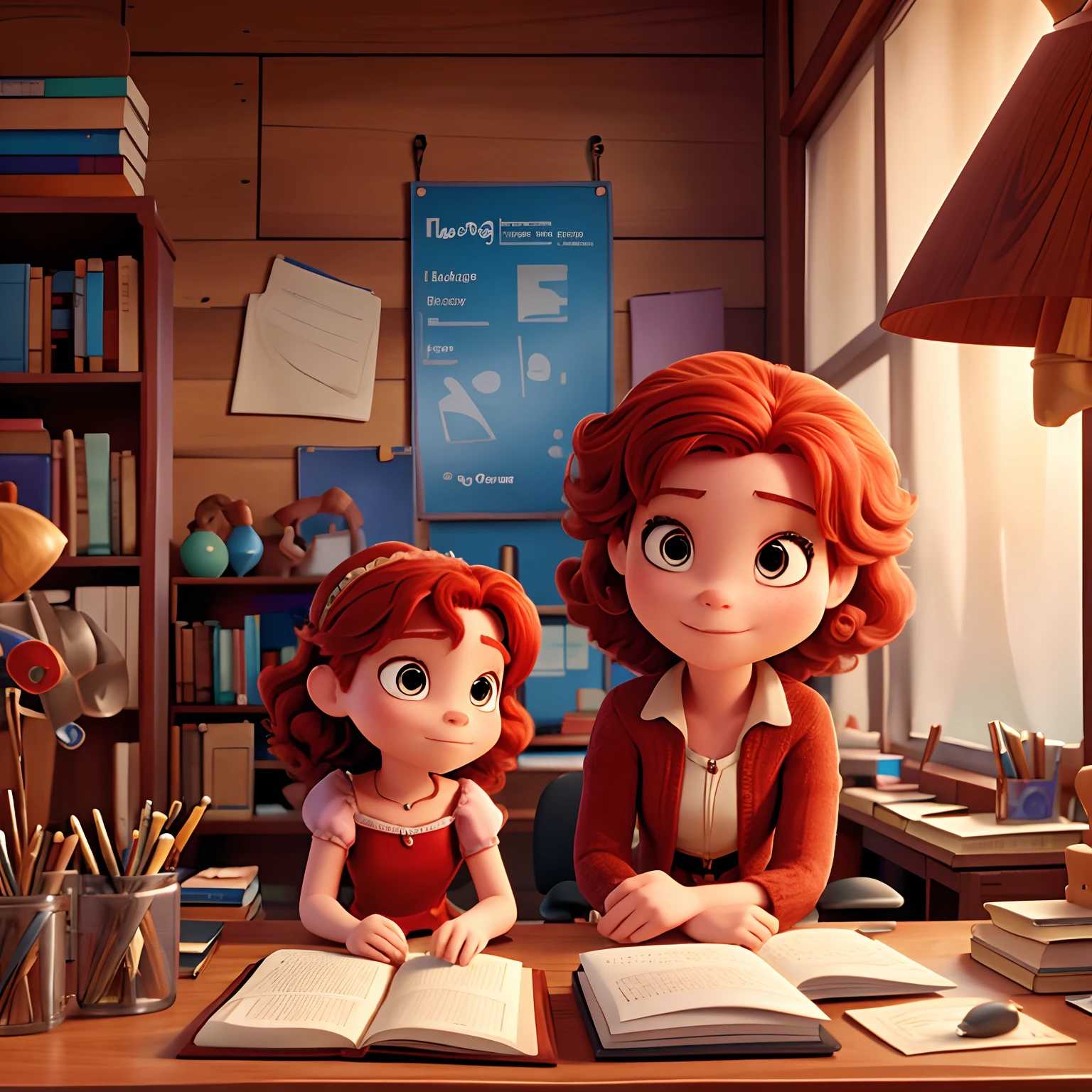 velha, inspirado na Disney Pixar, Inspired Prince Fiona A short red haired woman in an office with a book on the desk looking to the serious future, old man,