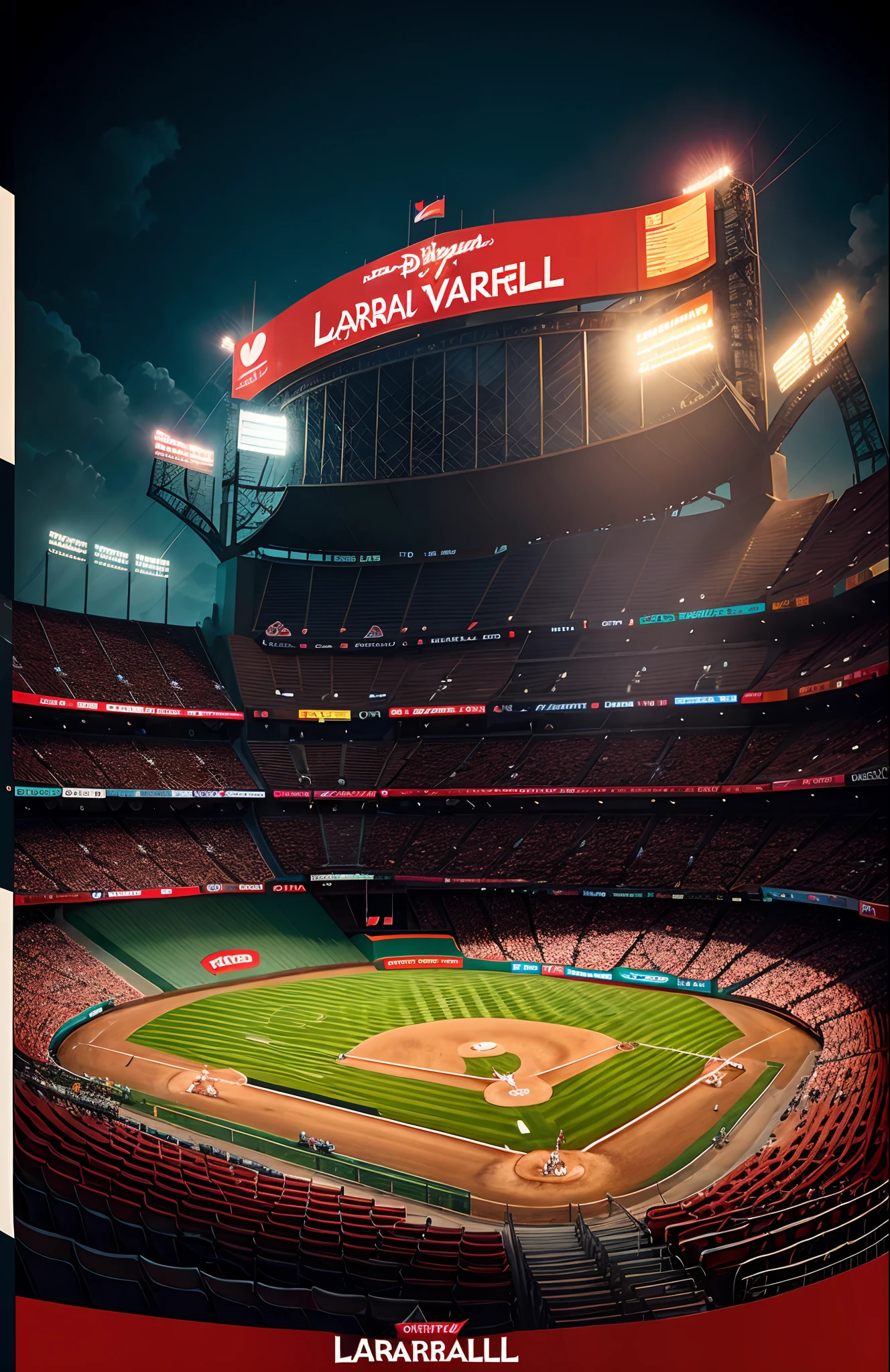 Disney Pixar 3D poster of a red-and-white uniform baseball team called the Lara Cardinals. Featuring a perfectly lit futuristic stadium with people cheering on their team from the stands with red flags