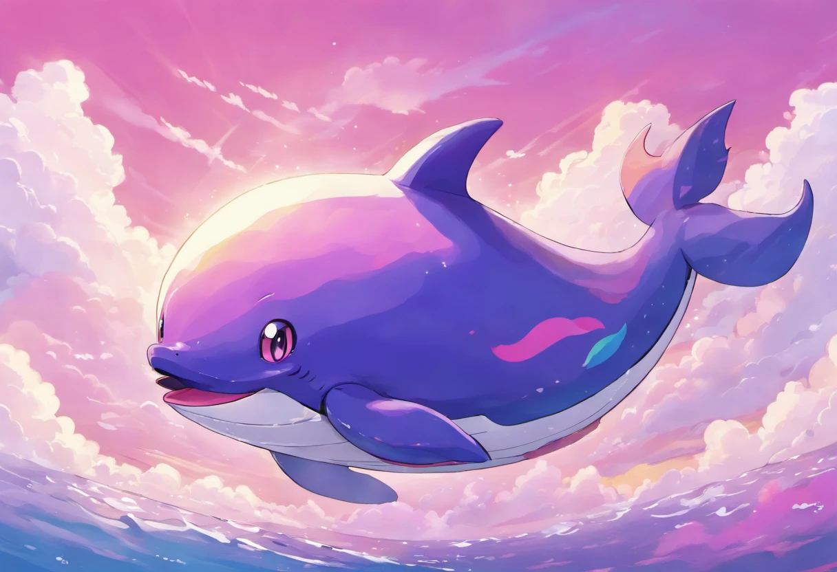 Giant Cloud Whale, deep purple skin with a rainbow gloss, (pink and purple clouds cover flippers:1.5), baleen whale
