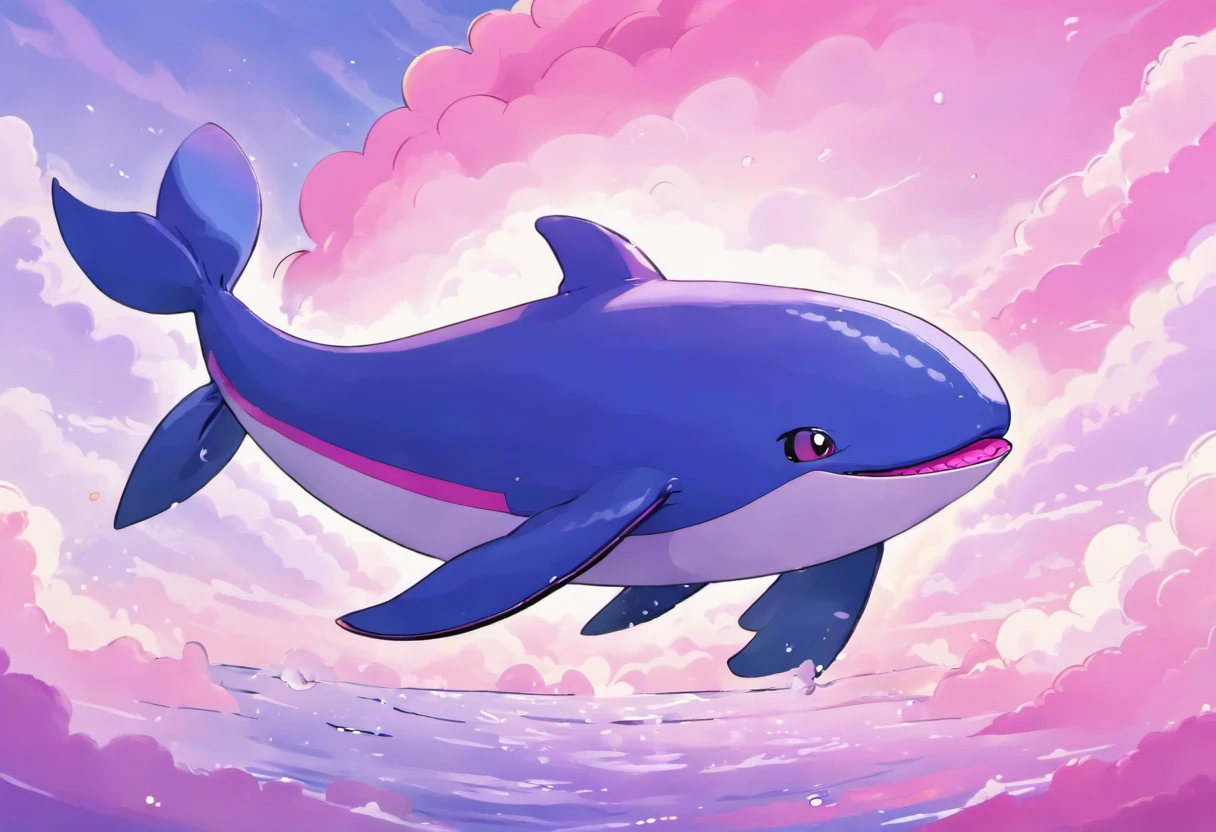 Giant Cloud Whale, deep purple skin with a rainbow gloss, (pink and purple clouds cover flippers:1.5), baleen whale