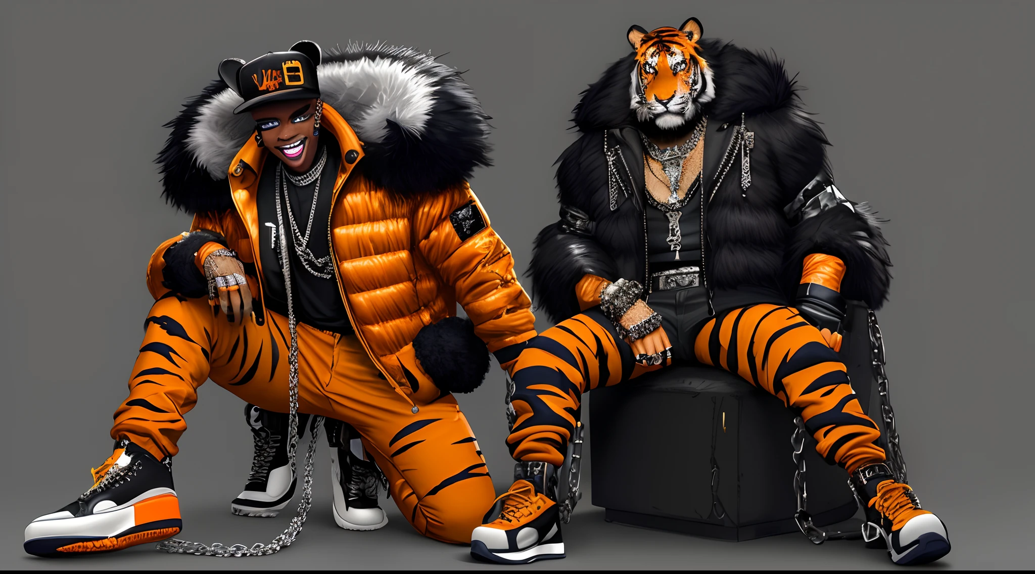 A Big Orange Tiger With Platinum Diamond Teeth In His Mouth Grill And A Big Smile and wearing a lot of Sliver chains With Diamonds and in Dark Navy Puffer jacket And Orange Jordan's Shoes On, Inside A Black Strip Club With A Lot Of Big Black Women Around Him Wearing High Heels Shoes, character design, void arcanist, mist, photorealistic, octane render, unreal engine, hyper detailed