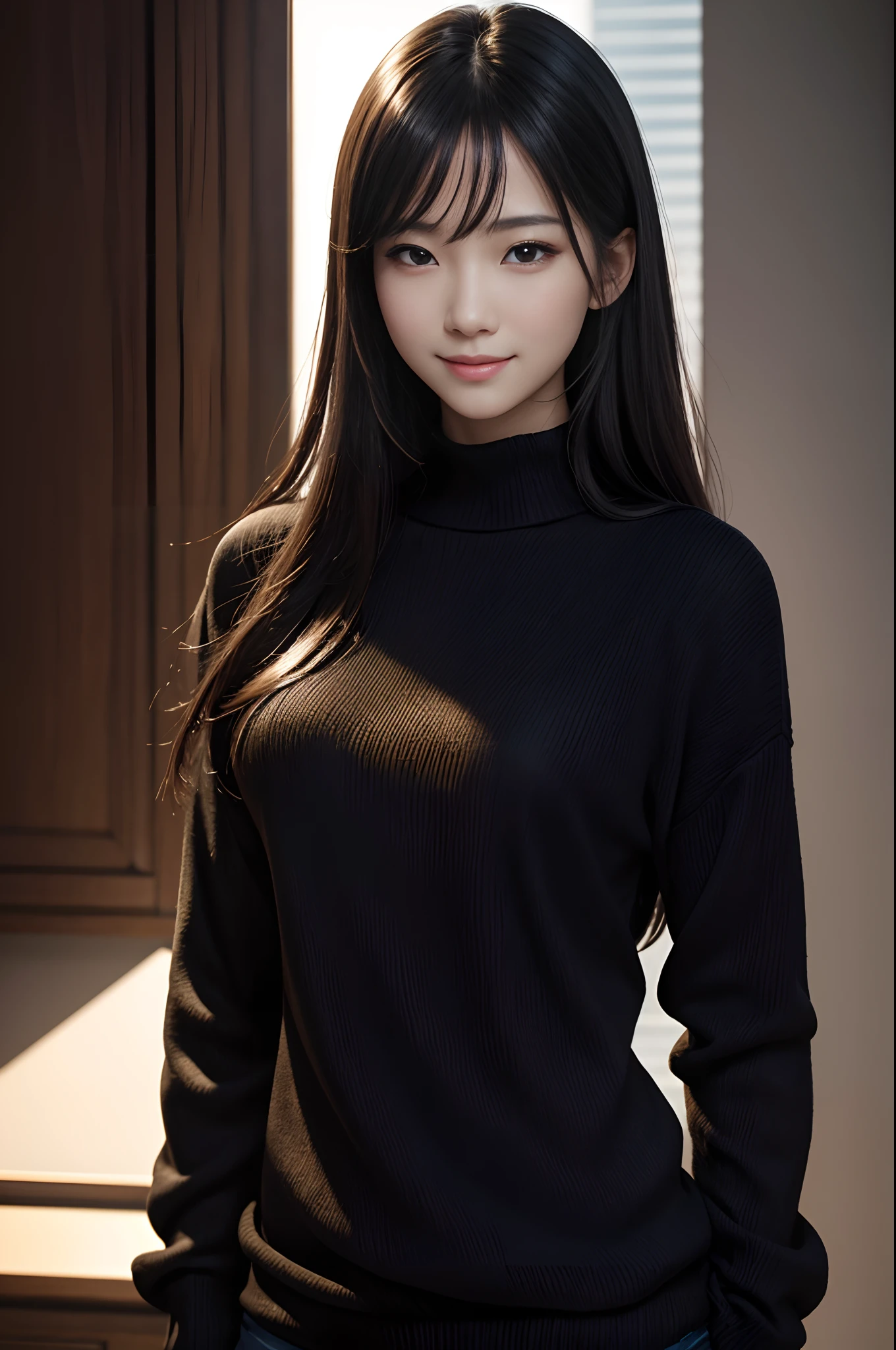A close up of a woman in a black sweater posing for a picture - SeaArt AI