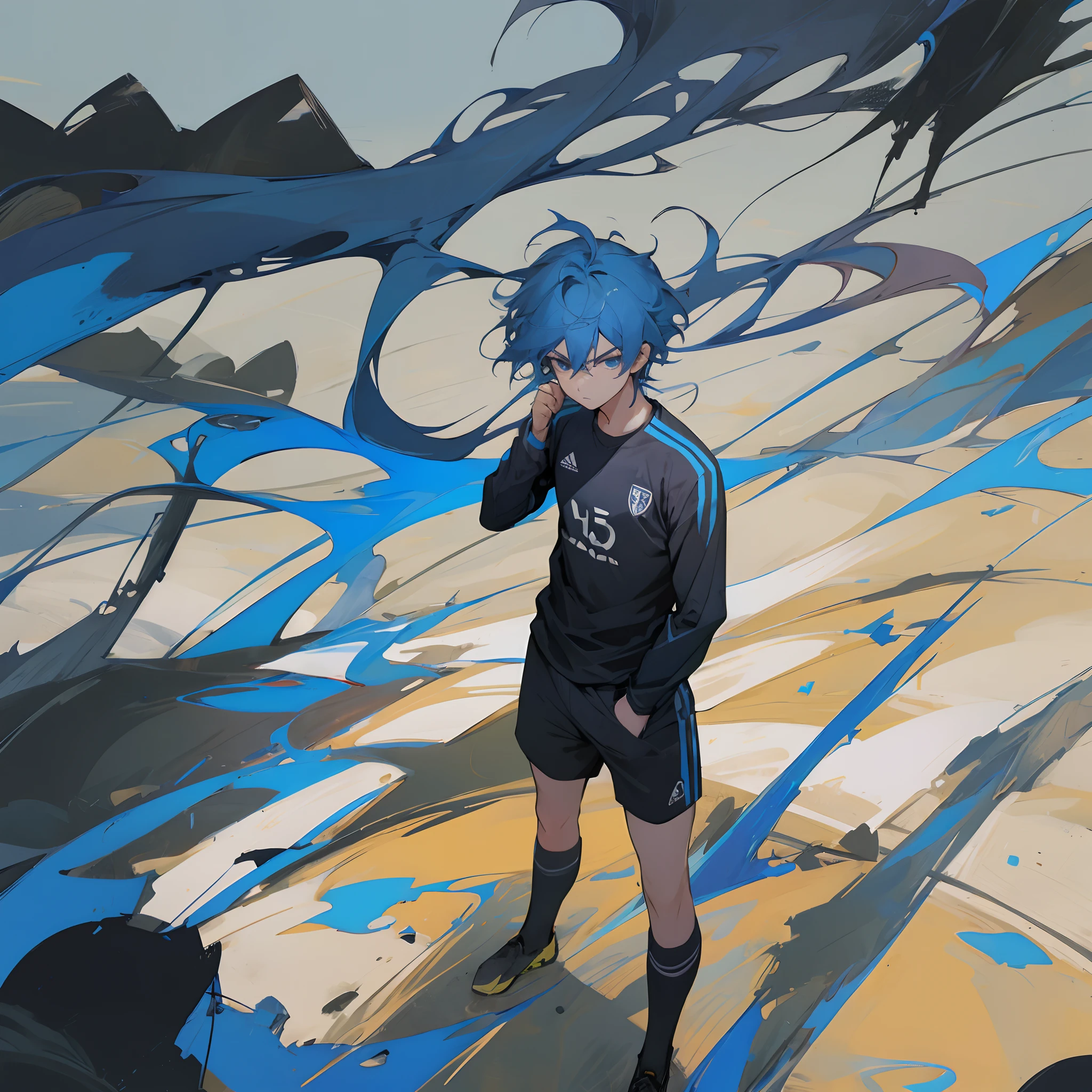 Blue hair , Messy Hair , Dark blue eyes , Black and blue soccer jersey longsleeves, long soccer shorts , standing on field , Somber expression , 1male