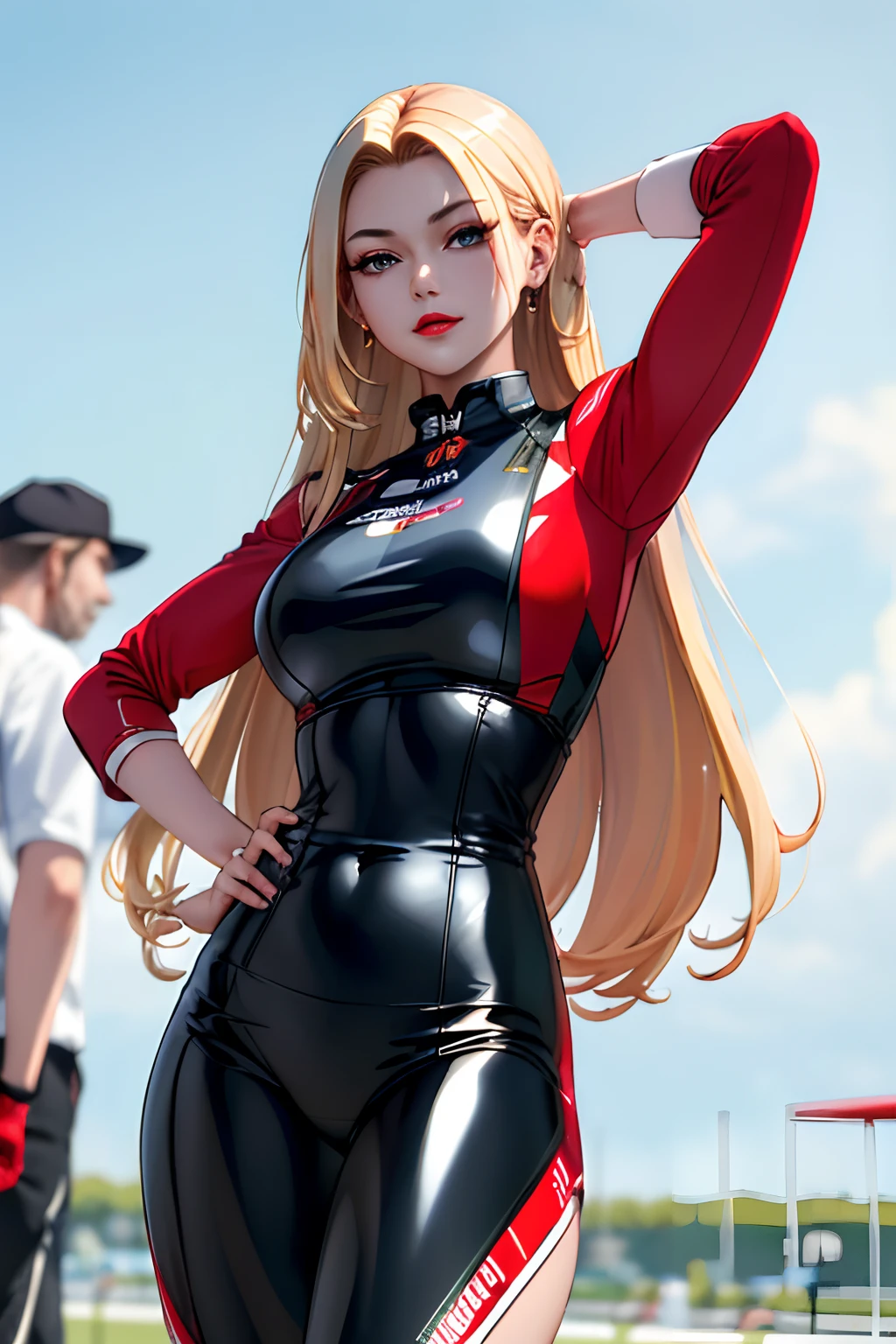 (masterpiece:1.4)、(top-quality:1.4)、
1girl in, Bewitching Grid Girl, Blonde long hair, looking at the viewers, 独奏 ,realisitic,(shinny skin),(masterpiece:1.4),(top-quality:1.4),red-lips,racing venue