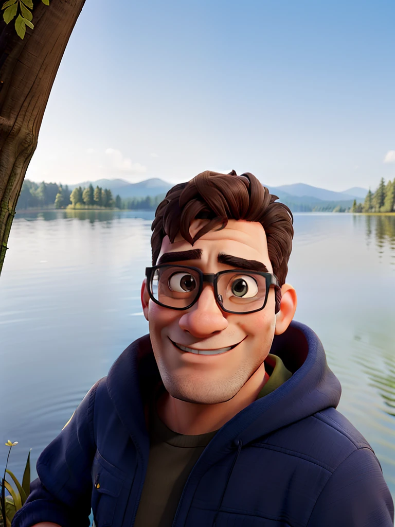 tmasterpiece，a melhor qualidade，A man with brown eyes wearing glasses , In the background, a lake reflecting trees and a clearing, blue skies