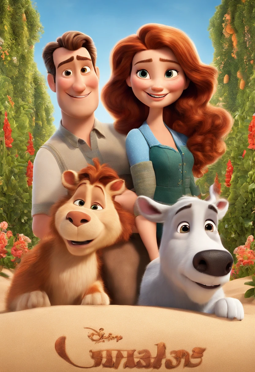 a Disney Pixar movie poster showing a white-skinned family. The father is the tallest, Tem barba curta, loiro, cabelos curtos e espinhosos. The mother has brown eyes and hair, shoulder-length and is slightly overweight. A menina tem 4 anos e cabelos castanhos, roupa rosa e rabos de cavalo. The background is a beach garden. 3D-rendering