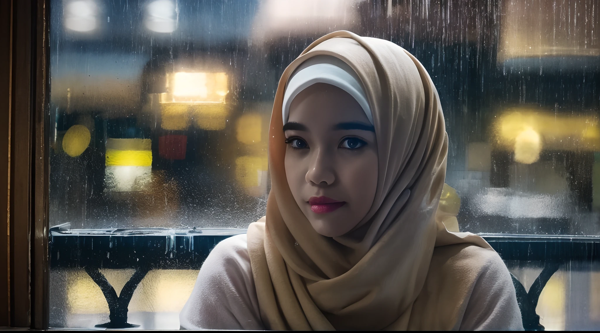 Craft a cinematic film still of a Malay girl in hijab sitting by a cozy cafe window, gazing outside at the rainy city streets. Use soft, diffused lighting to enhance the mood of reflection and contemplation, style raw, pastel color grading, Super 8mm lense, Extreme close-up, Deep Focus cinematography effect,high quality,