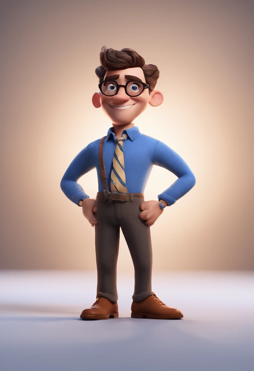 Cartoon character of a man with black glasses and a blue shirt, animation character, Caractere estilizado, animation style rendering, 3D estilizado, Arnold Maya render, 3 d render stylized, toon render keyshot, Personagem 3D, Personagem 3D, 3d rendering stylized, 3 d character render, personagem de desenho animado, Personagem de close up, Pose de personagem,  (Estilo Pixar) (master part:1.2) (Bokeh) (best quality) (pele detalhada) (textura detalhada) (8k) (argila) (Cinematic lighting) (foco nítido