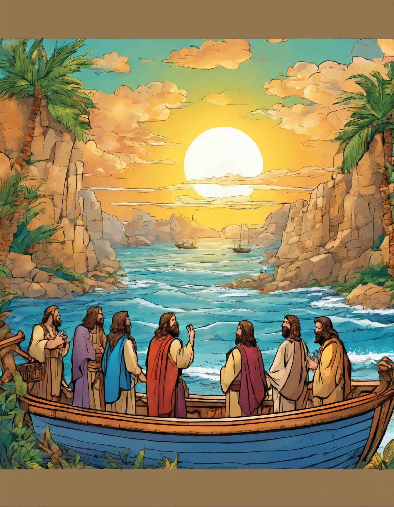 ((Jesus Christ and the apostles happy on the boat)), based on the bible, beautiful lighting in the background, few birds flying, beautiful sea, children's illustration, cartoon style, ((very detailed)), bright colors, high definition, 8K, realistic, --ar 9:11 --v5
