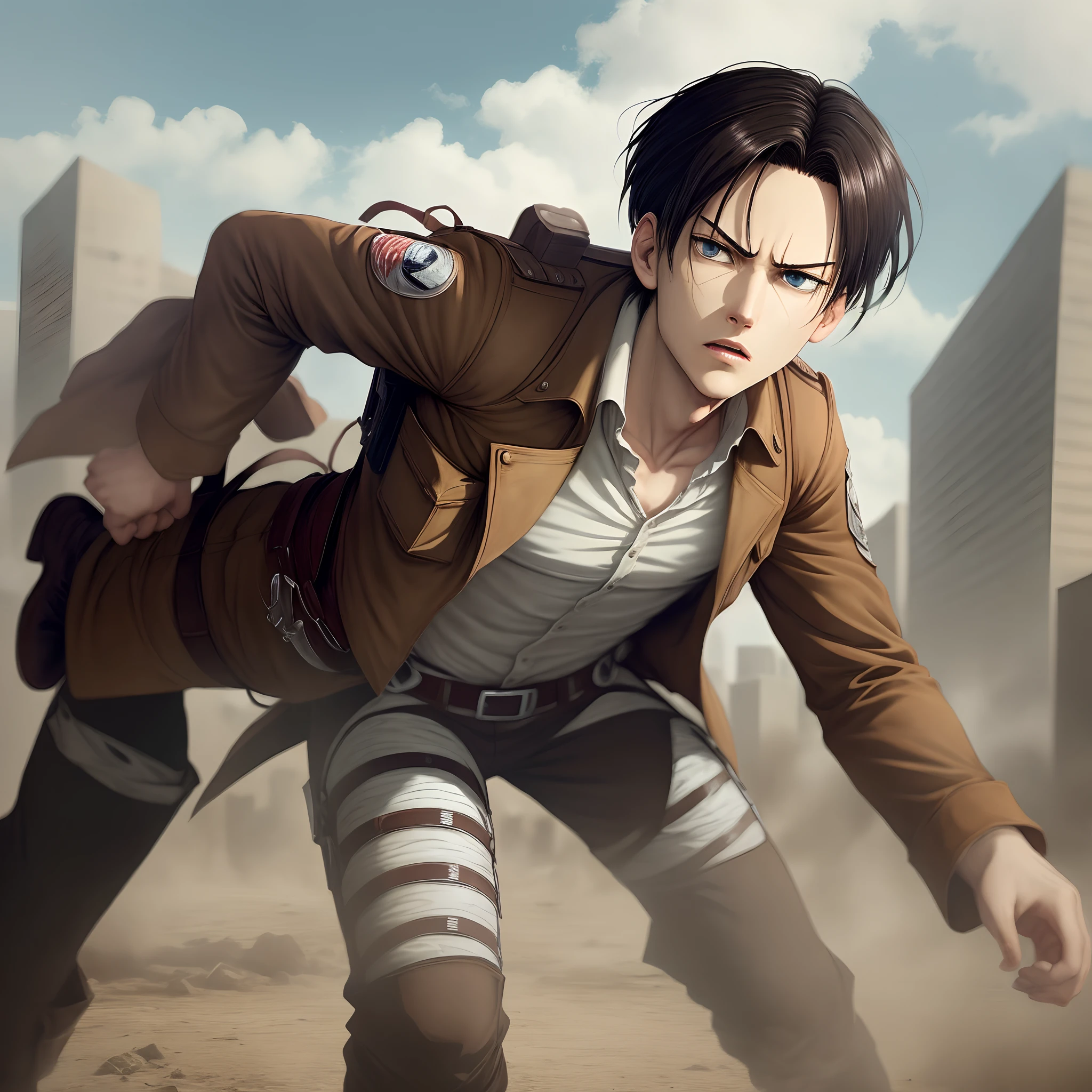 a highly detailed portrait of eren jaeger from attack on titan, standing on a cliff, looking out at the vast sea under a bright blue sky with scattered clouds, detailed facial features, intense expression, muscular physique, dynamic pose pointing towards the horizon, realistic lighting and textures, cinematic composition, 8k, ultra-detailed, photorealistic, dramatic lighting, vibrant colors