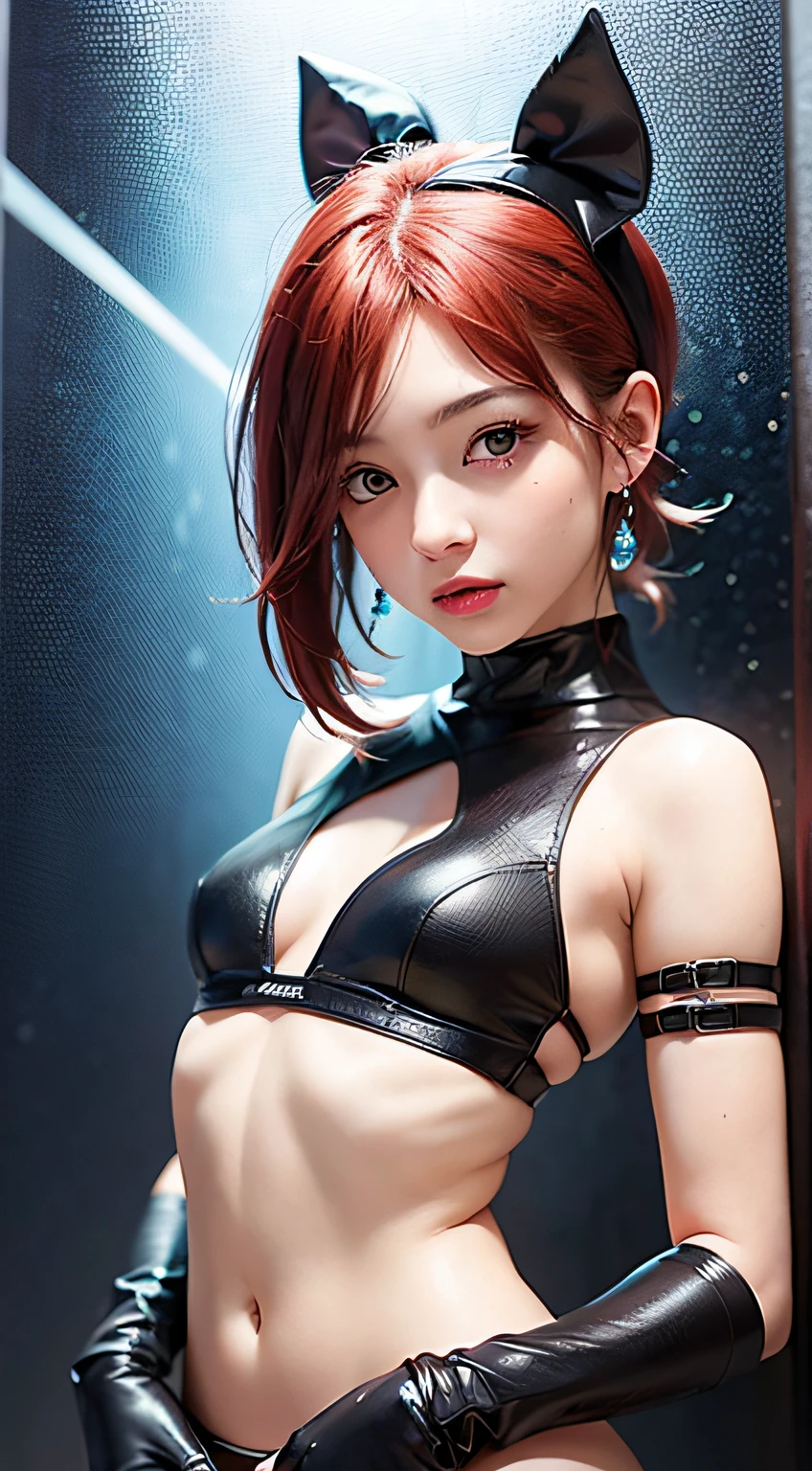 1 girl, solamente, (NSFW), Cute 18-year-old red-haired girl with two tails, ((cuerpo femenino perfecto)), (Maquillaje de cara linda), multiple (cabello color arco iris: 1.2), (Hermosos ojos azules detallados: 1.6), (Ojos fotorrealistas: 1.6), feliz, Ucraniano, (Small body), ((small hips)), white pale skin, (Mini falda y top tubular), (pantimedias finas y sedosas: 1.6), (("TRON LEGACY ciudad futurista" fondo de estilo)), (Noche:1.2), Foto realista.