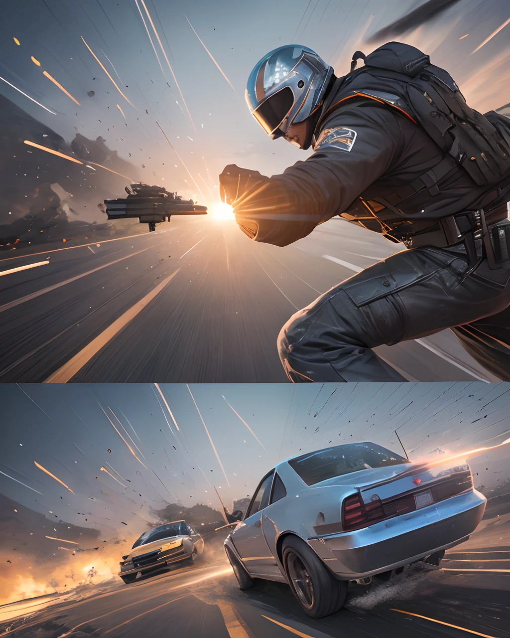 A black man laying on top of a high speed moving car shooting his gun straight at the camera, bullets flying from his gun as he shoots, intense action scene, car chase action scene, john woo action film, james cameron action film, zack snyder action movie, car drifting from camera, dark scene with dark background, only light shining from the gun shots, with iridescent light, cinematic lighting, artgerm style, 32k, ultra HD, unreal engine rendered, hyper-realistic image --auto --s2