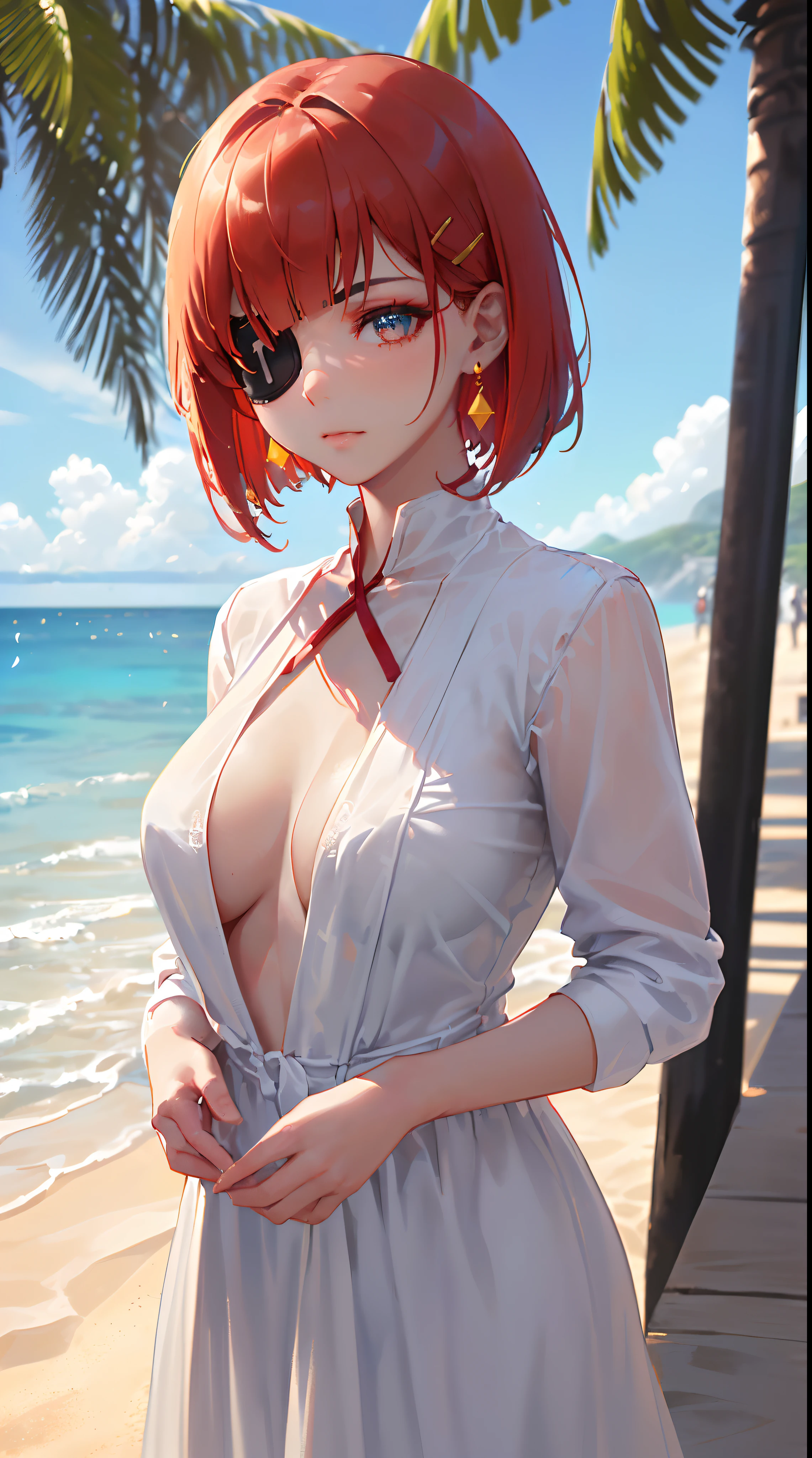 ((((summer theme，1 noblewoman，a matural female)))),(dark night background+,perfect background)，Prom，Court etiquette，  s the perfect face， Perfect lips， perfect  eyes,)(((coast style,red hair,large white labcoat,no bra,tennis dress,eyepatch)))，((1lady,adorable korean mixed race of Saudi Arabia girl，rosto magro，Solo,simple makeup,smug,))(Masterpiece,Best quality, offcial art, Beautiful and aesthetic:1.2),((超高分辨率,Golden ratio,)) (16k),((((coast,beach,intense shadows,strong rim light,))))((melon face，from above，1JK)),(Physically-based rendering),Amazing,Sharp focus, (((highdetailskin,))),Intricately detailed clothing，red pupils,red hair,Hexagram pupils,intricate pupils,((((detailed hair|short hair|long bangs|blunt bangs)))),((Slender,))(masterpiece sidelighting),(The sheen),(beautiful hair,beautiful eyes,）[[Delicate fingers and hands:0.55]::0.85],(Detail fingers),(((Superior quality)))),((unbelievable Ridiculous,)),((extremely_Detailed_Eyes_and_face)),Movie girl,(Dynamic configuration: 1.2),Brilliant,Beautiful lady, (Photorealistic),( coconut trees,), mitts, triangle crystal earrings, ((hairclip)), Light particles, view to the sky,  petals, Side Rock,, two-sided fabric