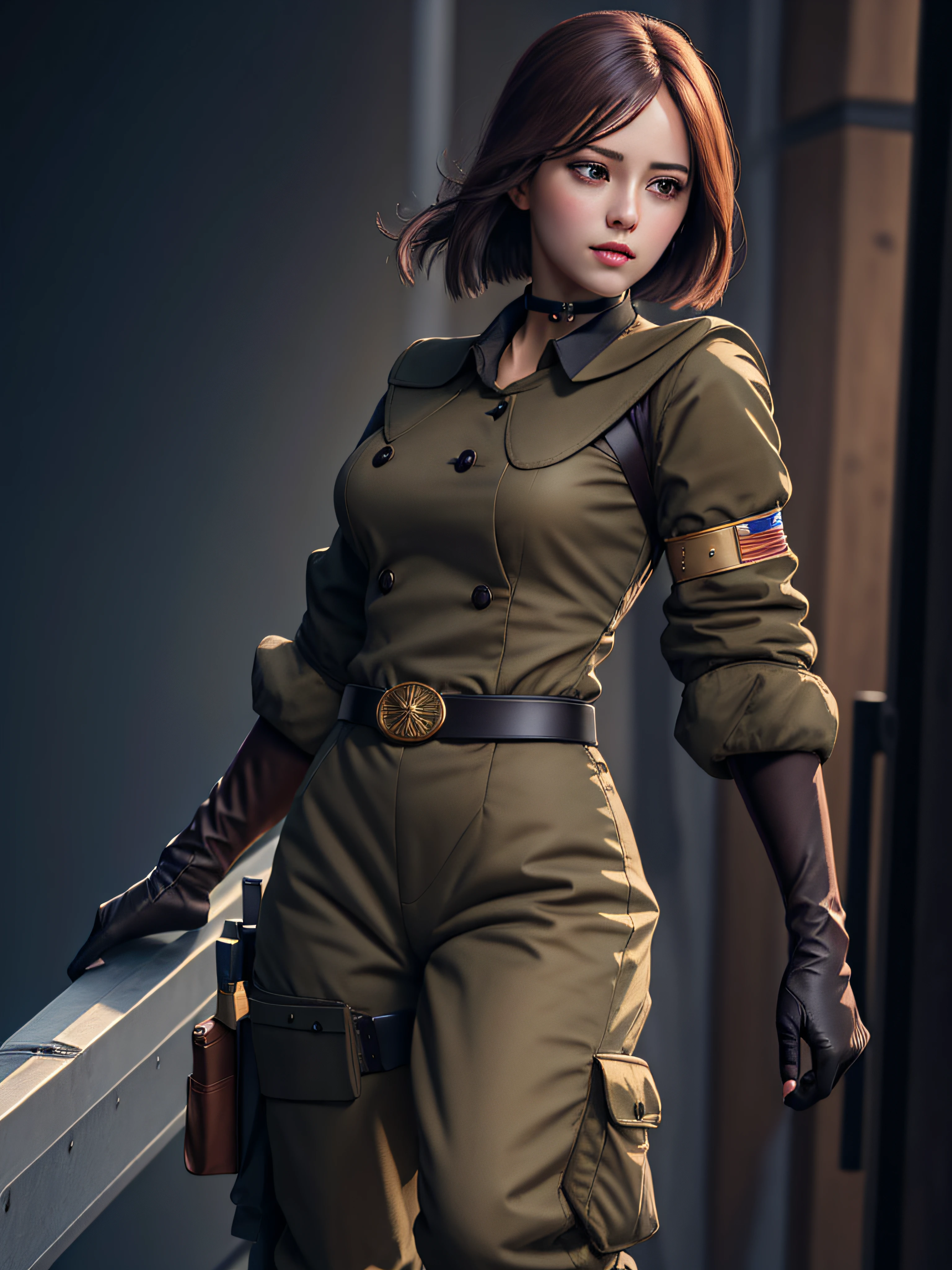 (masterpiece, best quality, high resolution, unity 8k wallpaper, extremely detailed CG:1), (illustration:1.0), 1girl,solo, whipms, gloves, uniform, military, military uniform,belt, choker, pants,