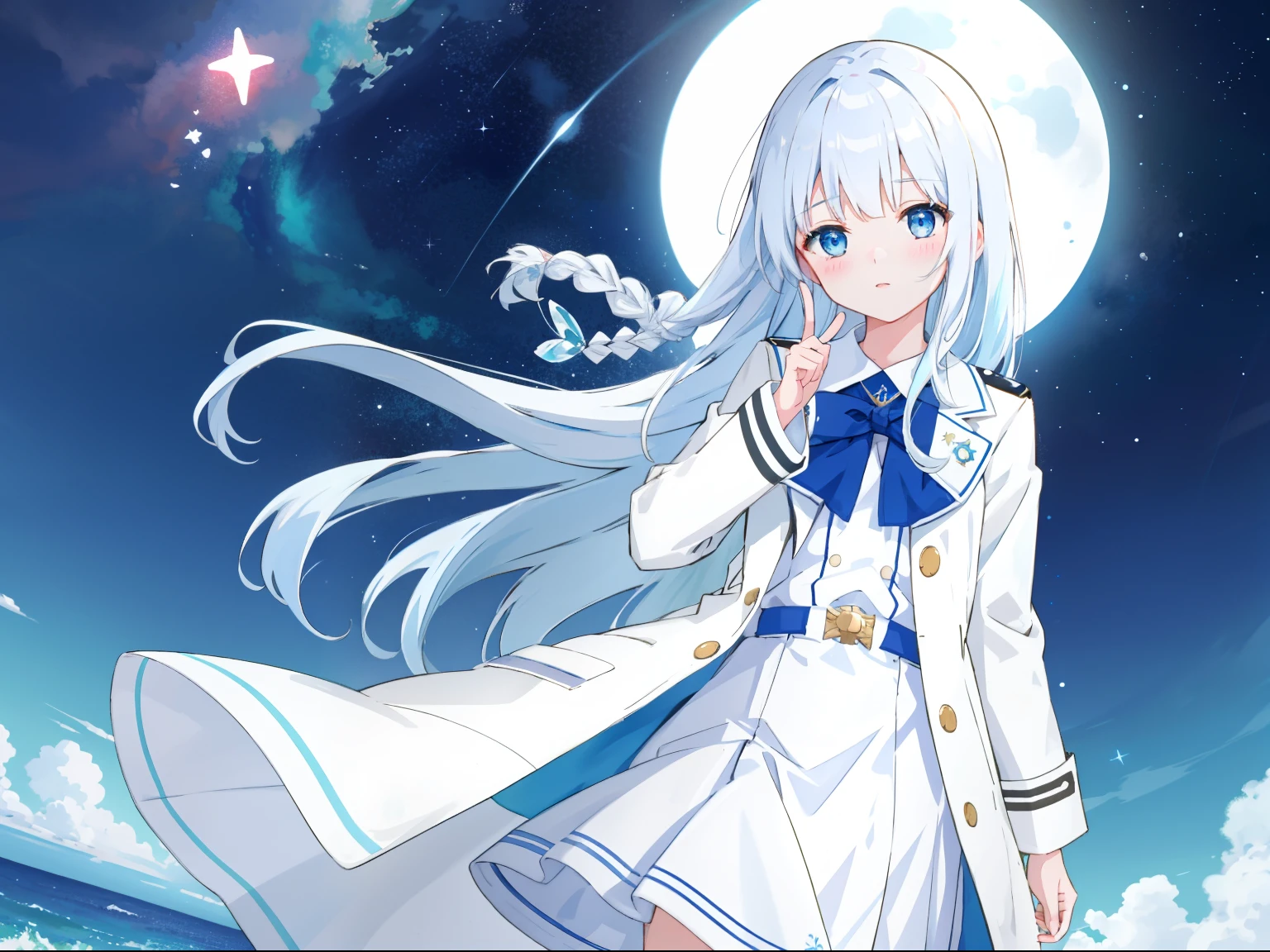 At night，the ocean，There are stars in the sky，1girll，White color hair，long whitr hair，blue color eyes，（Carefully portray the face），Height 166cm，high school senior，adolable，White trench coat，Place your index finger on your lips，peacful，grieves，Hair fluttering，（Carefully depict the action），（Carefully portray clothes），（Carefully depict the expressions），Day Man Girl，tmasterpiece，8k wallpaper，Ambient light，Poor milk，