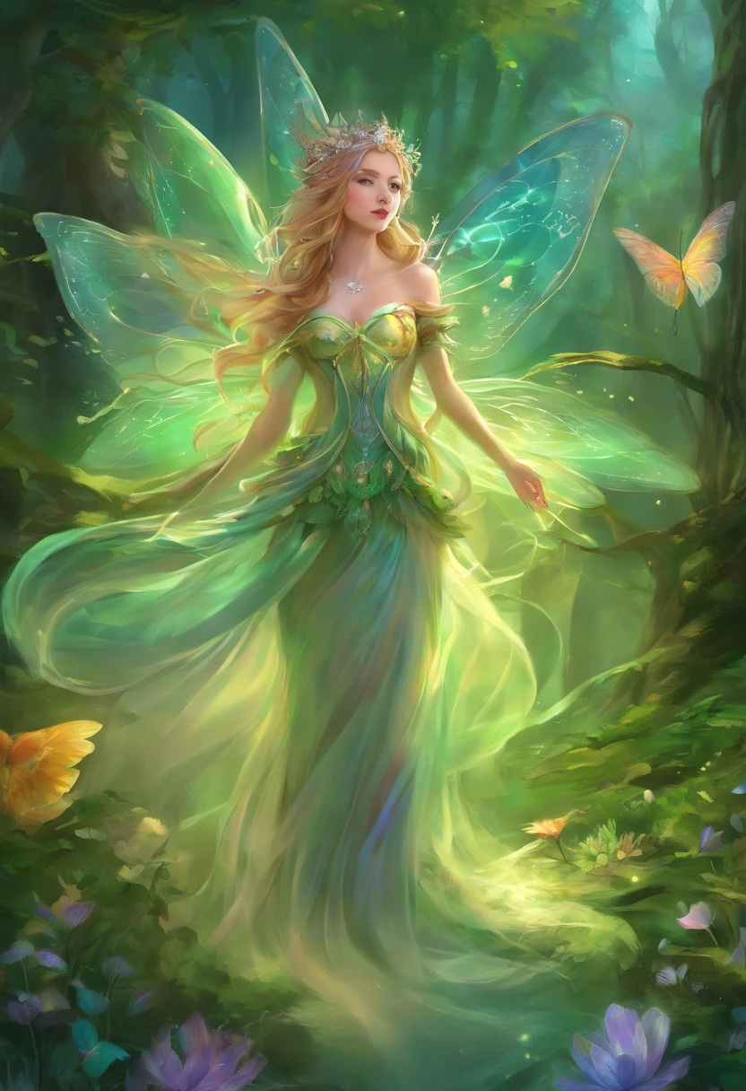 (Masterpiece, Best quality, Ultra-detailed, Best Illustration:1.4), 1 Little Fairy, The wings of the little fairy，(Airflow Maiden:1.1),(See-through:15）afloat,Green wind ，Silk fabric，(refractions,Reflection:1.2) ,  Transparent skin, sunshine day，ln the forest