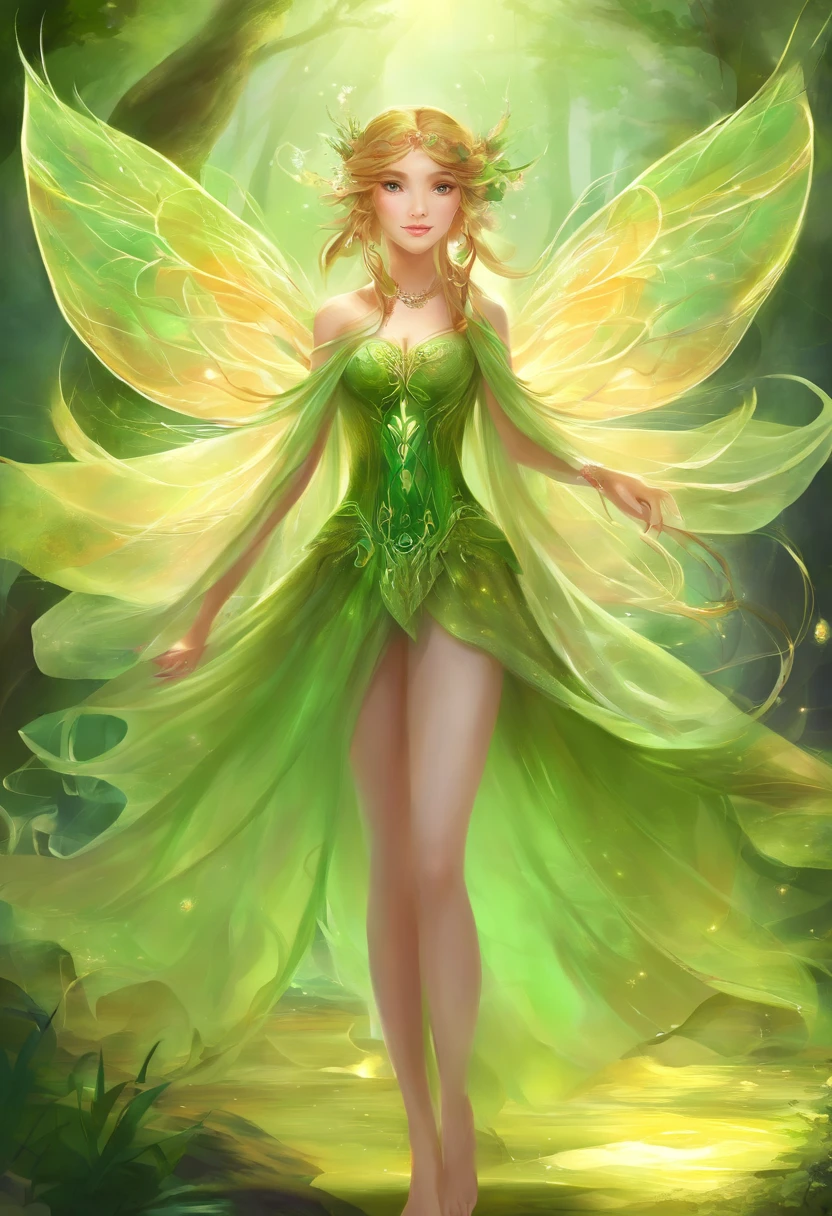 (Masterpiece, Best quality, Ultra-detailed, Best Illustration:1.4), 1 Little Fairy, The wings of the little fairy，(Airflow Maiden:1.1),(See-through:15）afloat,Green wind ，Silk fabric，(refractions,Reflection:1.2) ,  Transparent skin, sunshine day，ln the forest