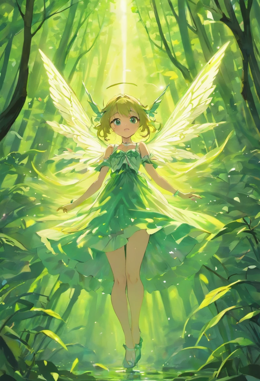 (Masterpiece, Best quality, Ultra-detailed, Best Illustration:1.4), 1  Fairy, The wings of the little fairy，(Airflow Maiden:1.1),(See-through:15）afloat,Green wind ，Silk fabric，(refractions,Reflection:1.2) ,  Transparent skin, sunshine day，ln the forest