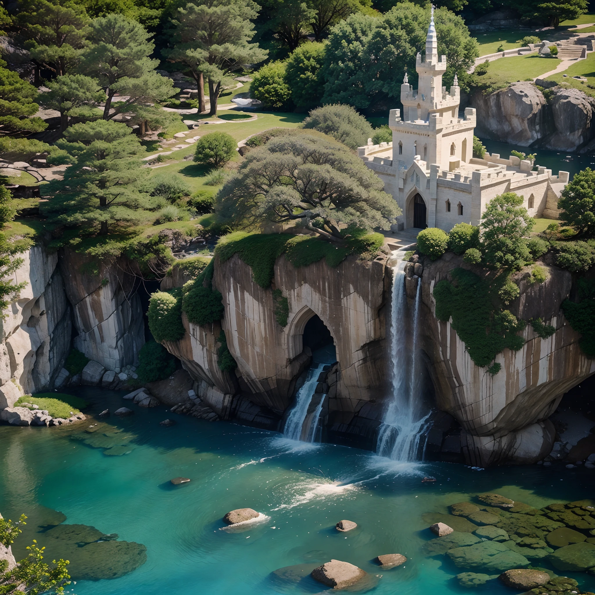 (Elven White Castle in the Rock close-up) , aerial, (Flowers & the trees), water fall, Intricate Patterns, In Search of Smooth Lines, higly detailed, Rational Photography