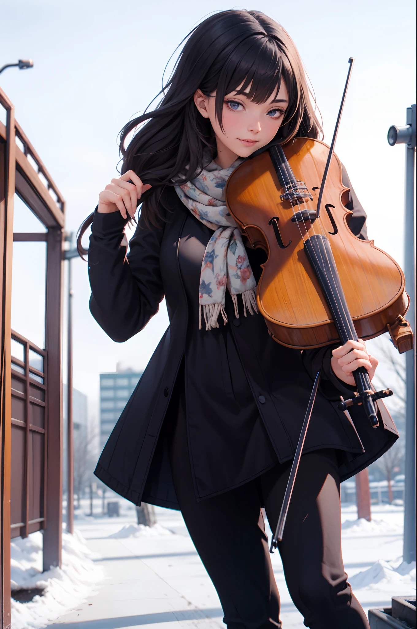 1girl, playing violin, violin, bow \(music\), snow, stand on street, coat, winter, scarf, snowing,   Purple hair, indoor,
best quality, 8k, masterpiece, Raiden Shogun, purple eyes,