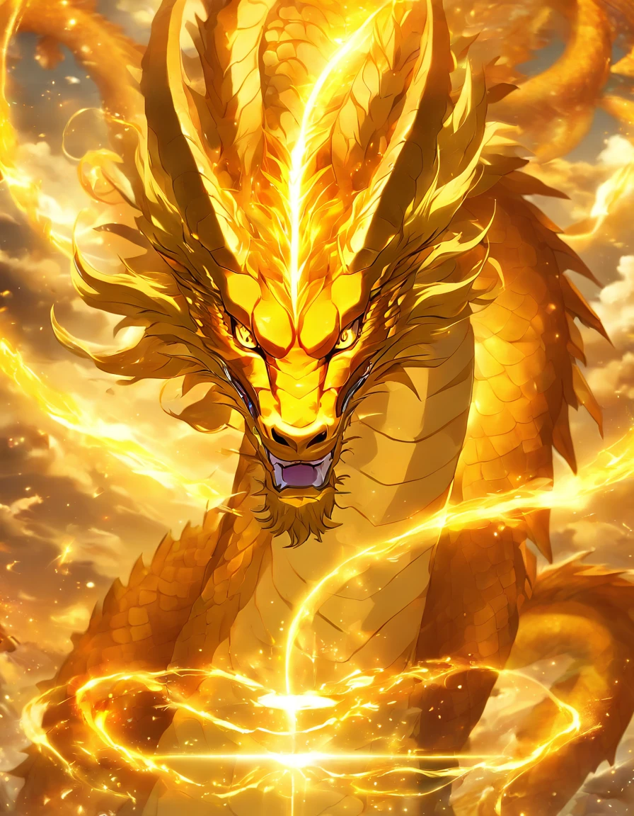 「Make an illustration of the golden dragon god。Longo como uma cobra、Liderando、Shōryū、sunny skies、Espiritual、Spirit、chakra、Mundo eEspiritual、genial」