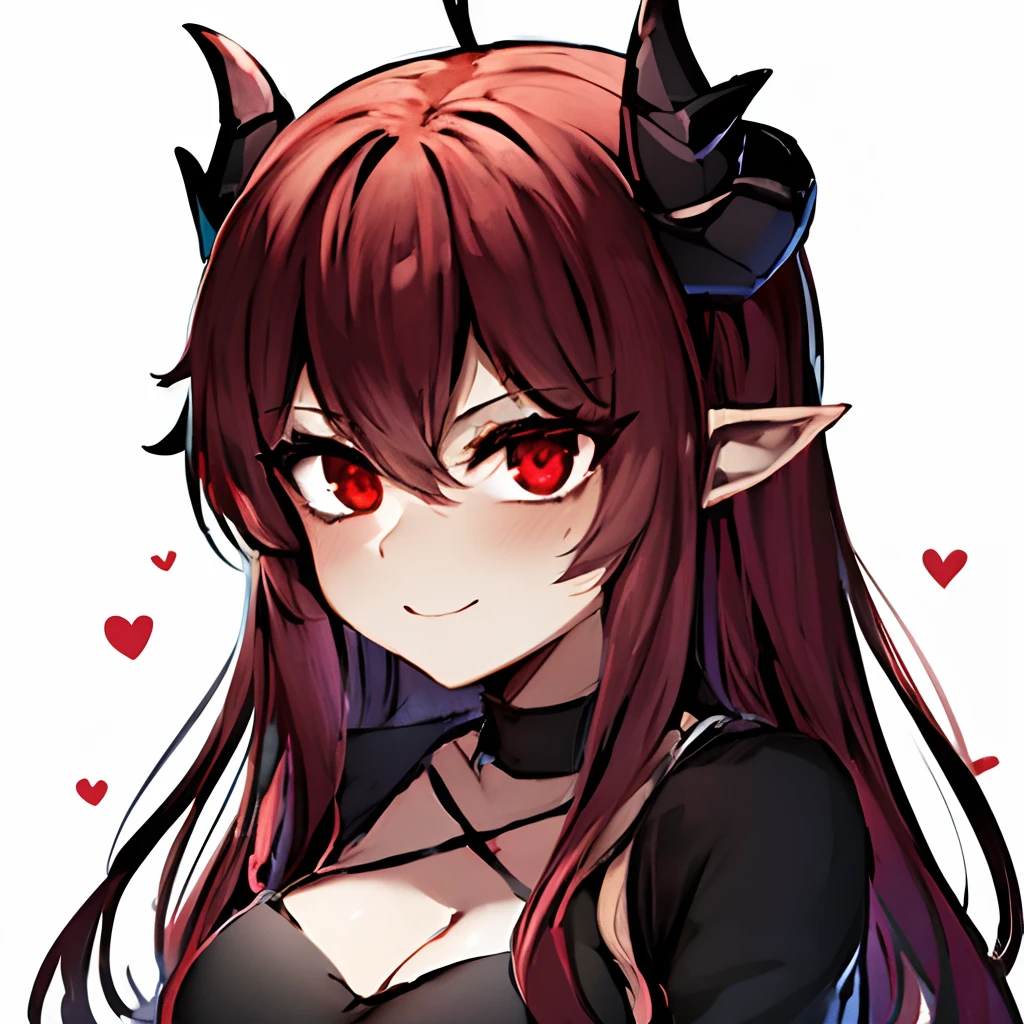 a drawing of a girl with horns and red eyes, demon anime girl, demon girl, [[[[grinning evily]]]], mika kurai demon, horns and red eyes, gapmoe yandere grimdark, gapmoe yandere, with red glowing eyes, with glowing red eyes, cute anime face, rin tohsaka, no background, profile picture