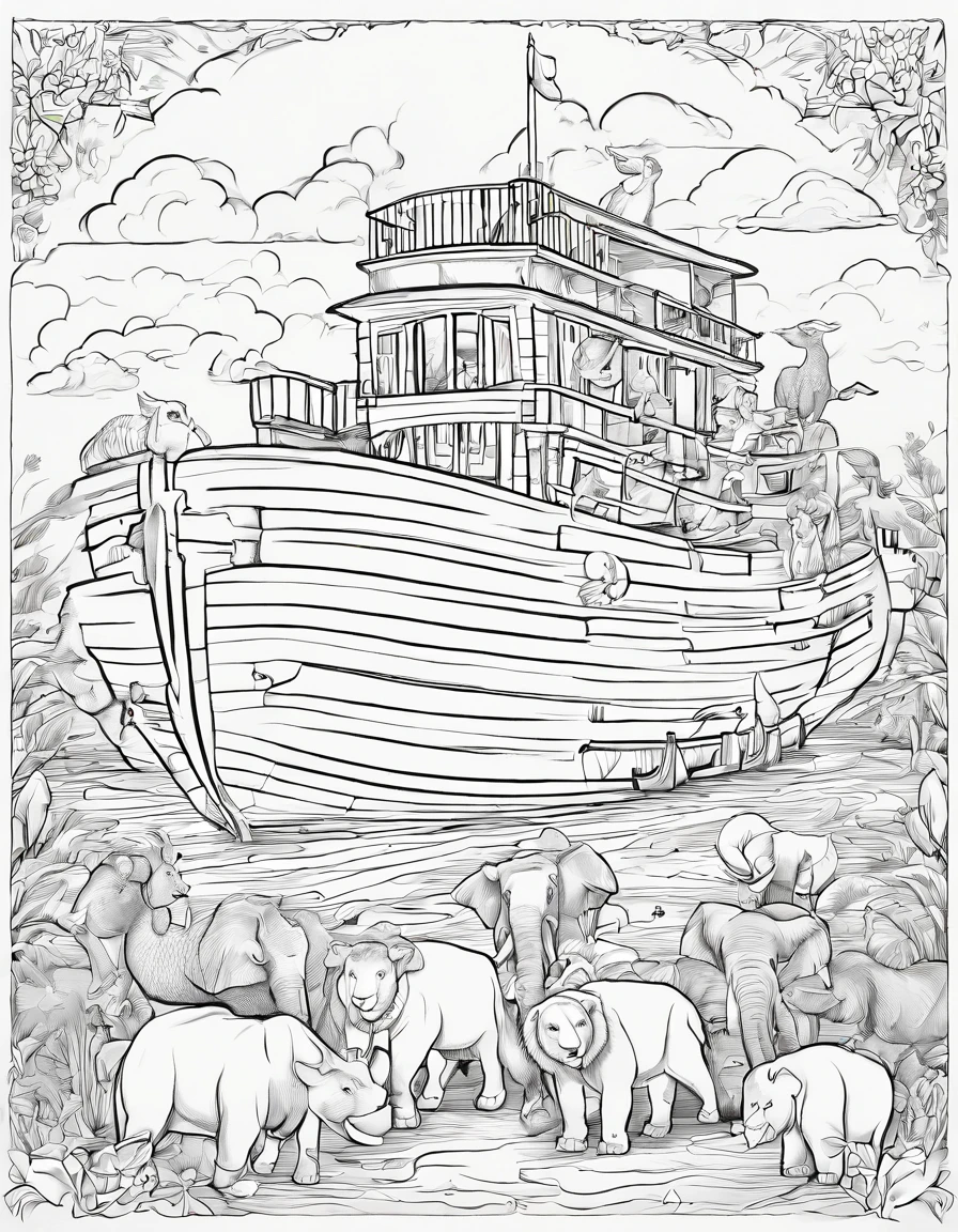 ((Noah's Ark and (((five animals))) )) black and white outline art for kids coloring book page, coloring pages for kids, full white, kids style, white background, full body, style outline, ((( ((white background))))), use outline only, cartoon style, line art, coloring book, clean line art, white background, very detailed