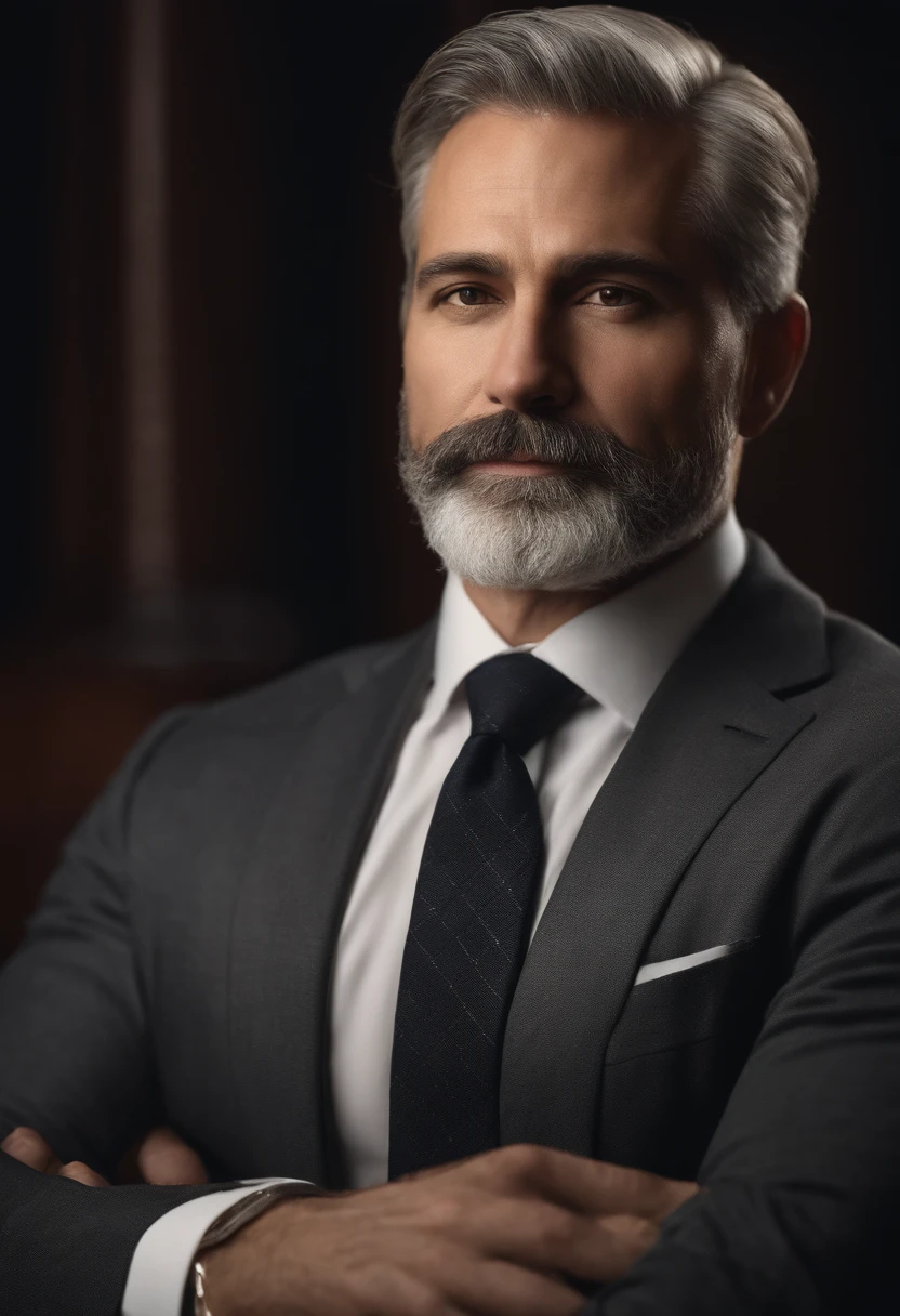 realistic image of a middle-aged business professional, 145 pounds in weight, professionally dressed in suit and tie, high quality, highest resolution, standing position, hands down, professional, beautiful detailed slightly brownish eyes, beautiful detailed lips , medium gray beard, short gray hair, gentle expression, warm smile, distinguished appearance, adequate lighting, smooth background, clean image without blur effect, ultra-detailed texture, masterpiece: 1.2
