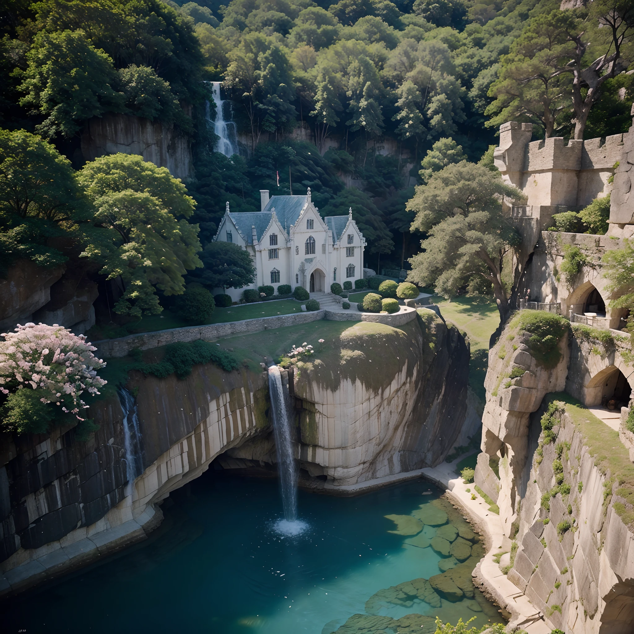 (Elven White Castle in the Rock close-up) , aerial, (Flowers & the trees), water fall, Intricate Patterns, In Search of Smooth Lines, higly detailed, Rational Photography