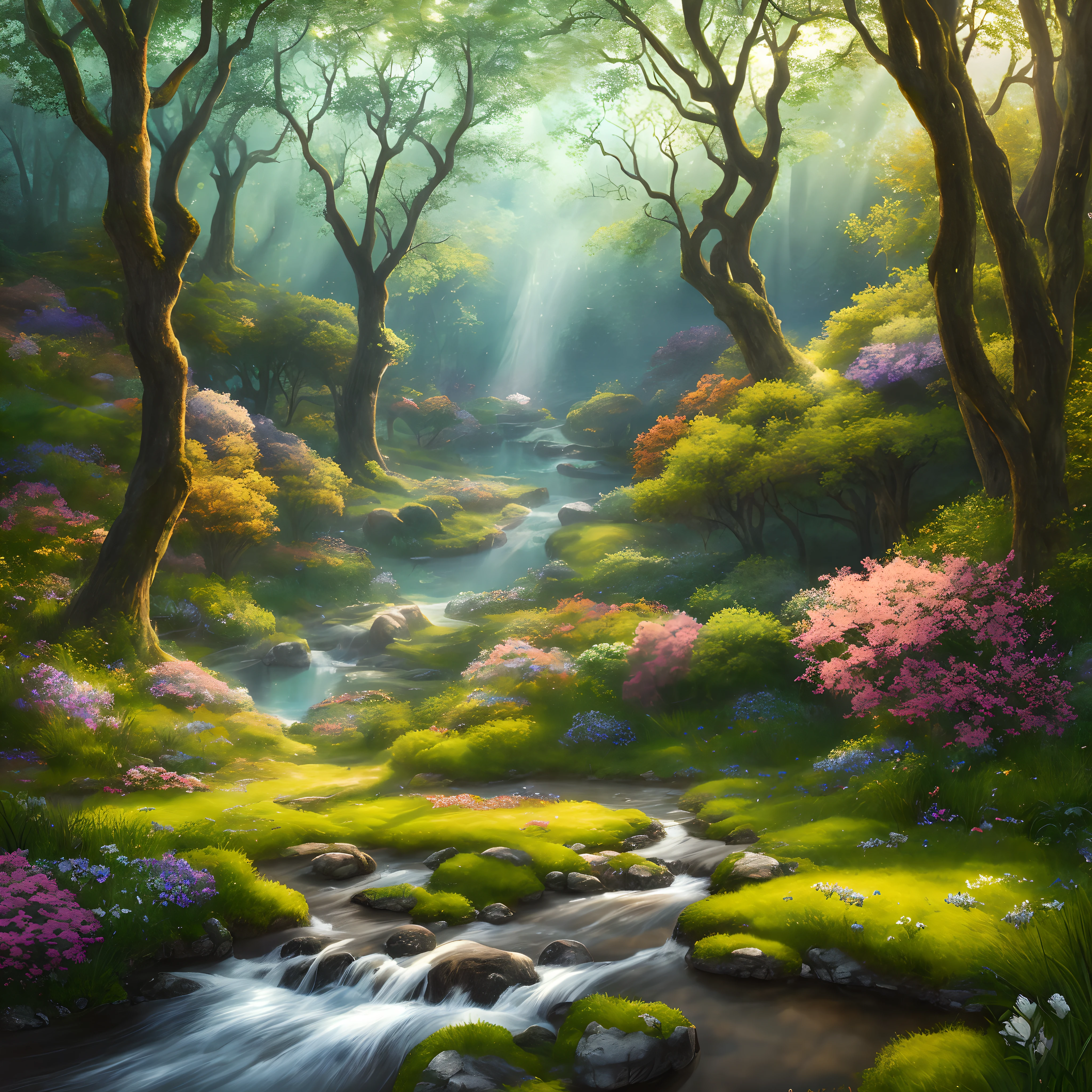 Generate an ultra-realistic digital artwork of a fairyland that is indistinguishable from a photograph. The scene should depict a breathtaking, sun-drenched meadow surrounded by ancient, towering trees with leaves that glisten in the golden light. The meadow should be carpeted with a riot of colorful, intricate flowers, and a crystal-clear stream should meander through, reflecting the vibrant landscape. The air should be filled with delicate, luminescent fairies with translucent wings, and every detail, from the play of light and shadow to the fine textures of leaves and petals, should be hyper-realistic. The image should be so lifelike that it transports the viewer into this enchanted world.