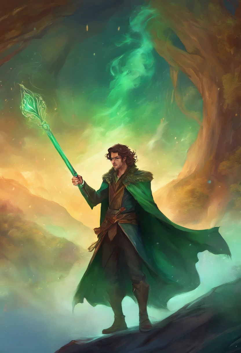 Solo male, tall, late 20's, handsome, elf, happy, relaxed, vampire, shaggy hair, pointy ears, fangs, brown hair, green cloak, druid, surrounded by smoke, lots of smoke, walking with a thick oak staff