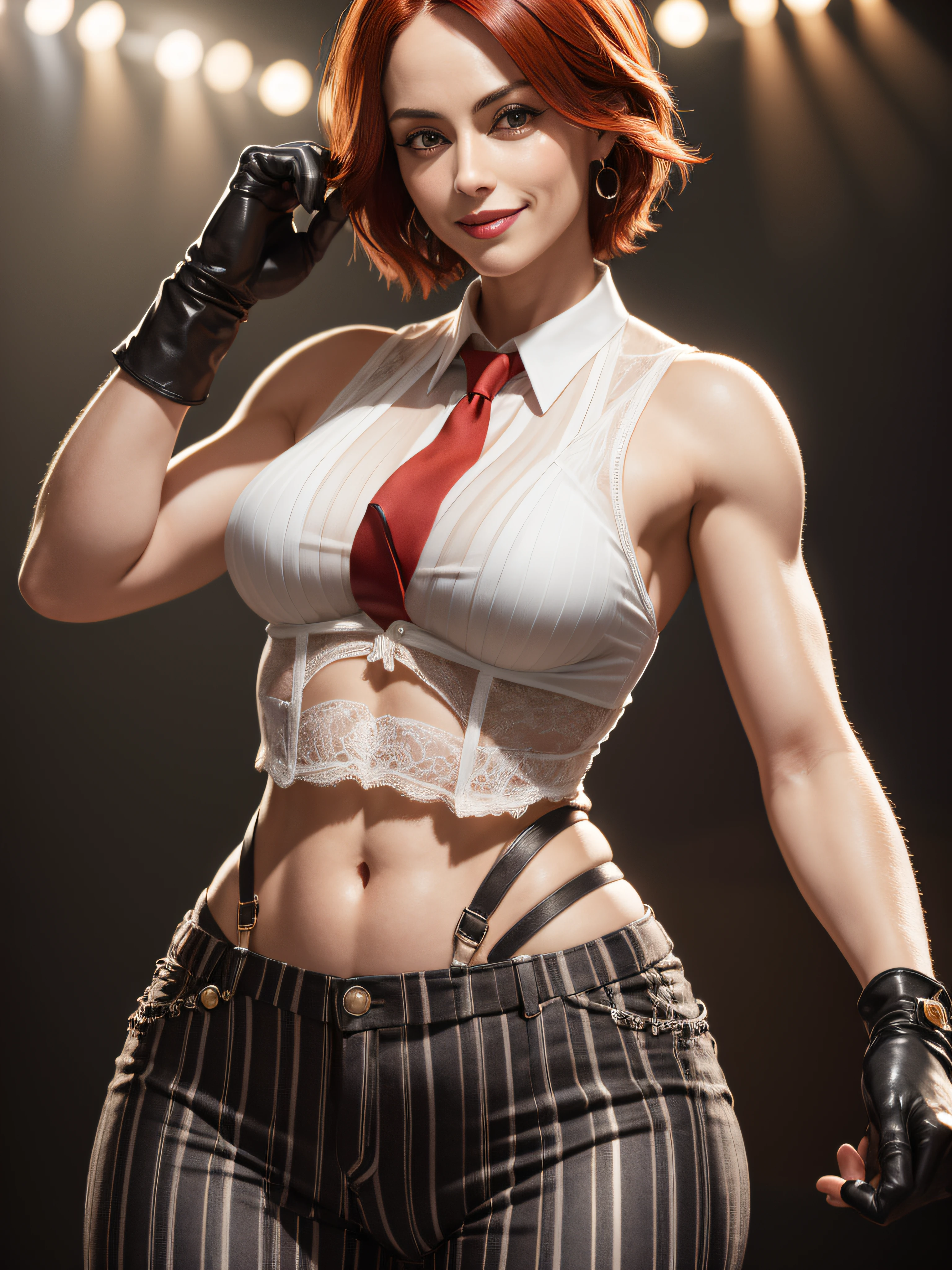 masterpiece, best quality, ultra-detailed, 1girl, VanessaMS, milf, thick, mature face, tall, red tie, white sleeveless button-down shirt, modern shirt, black gloves, striped pants, navel, smile, stadium, cowboy shot, volumetric lighting, intricate details, tonemapping, sharp focus, hyper detailed