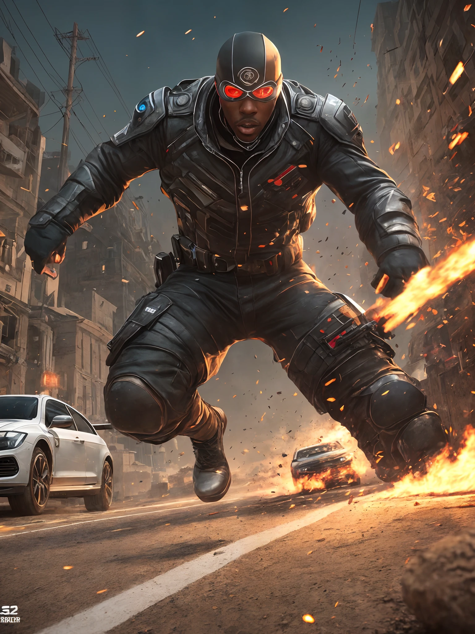 A black man laying on top of a high speed moving car shooting his gun straight at the camera, bullets flying from his gun as he shoots, intense action scene, car chase action scene, john woo action film, james cameron action film, zack snyder action movie, car drifting from camera, dark scene with dark background, only light shining from the gun shots, with iridescent light, cinematic lighting, artgerm style, 32k, ultra HD, unreal engine rendered, hyper-realistic image --auto --s2