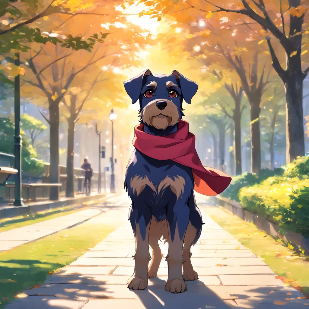 Partie maîtresse, un schnauzer, Style matriciel, Manteau noir, Flâner dans le parc, marcher sur le trottoir avec un foulard sur la tête, lunettes de soleil, Angle dynamique, Meilleure qualité, 4K,
