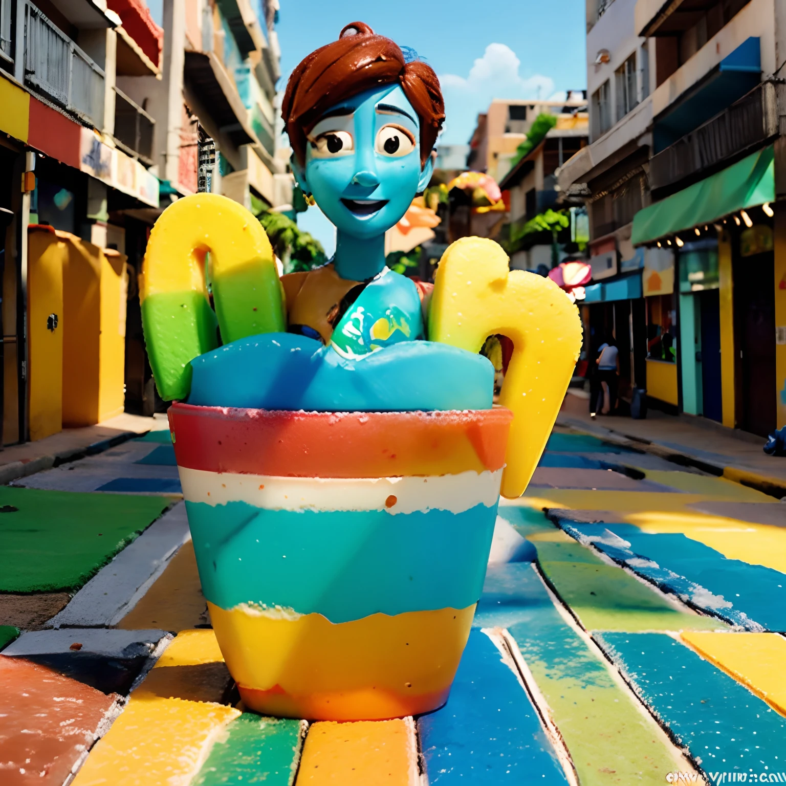 Desenho em estilo 3D da Pixar de uma sorveteria com o nome Las'Paletas Brasil, com cores verde, marrom e creme no centro da cidade.