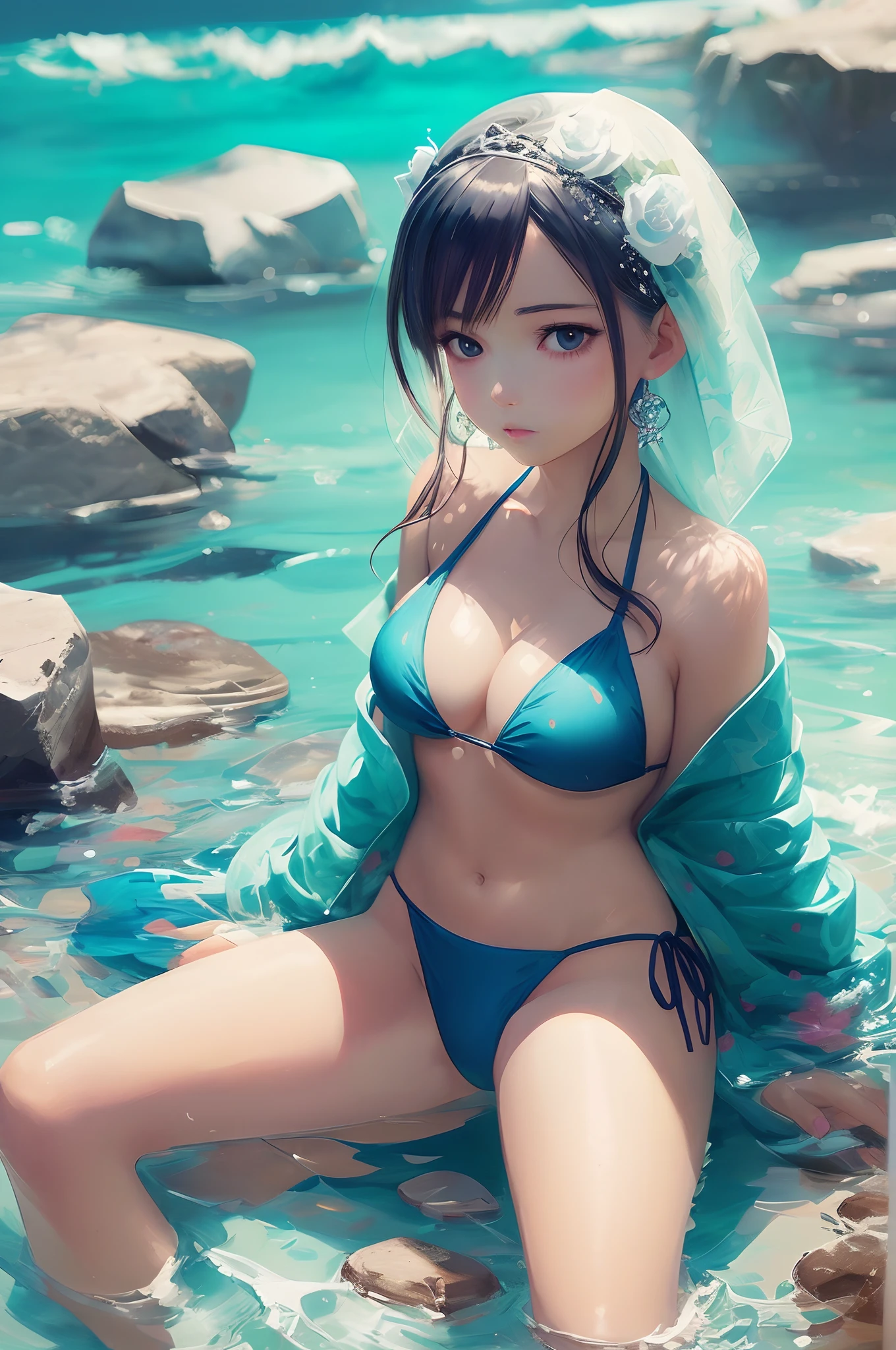 anime girl in a bikini sitting on a deck by the water, nami one piece, beautiful portrait of nami, nami from one piece, nami, from one piece, marin kitagawa fanart, extremely detailed artgerm, seductive anime girl, painted in anime painter studio, one piece, artgerm on artstation pixiv